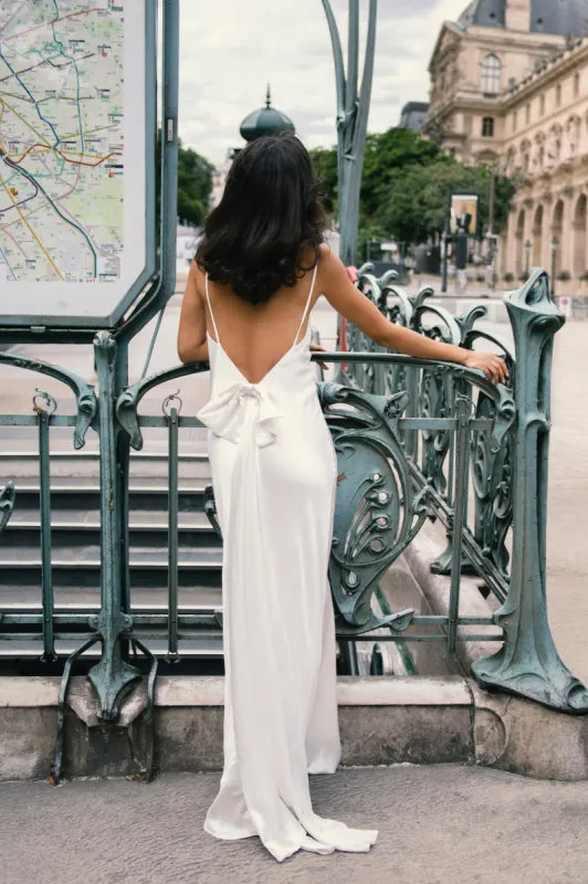 Kailey Low Back Maxi Dress With Detachable Bow Train - White sold by Meshki