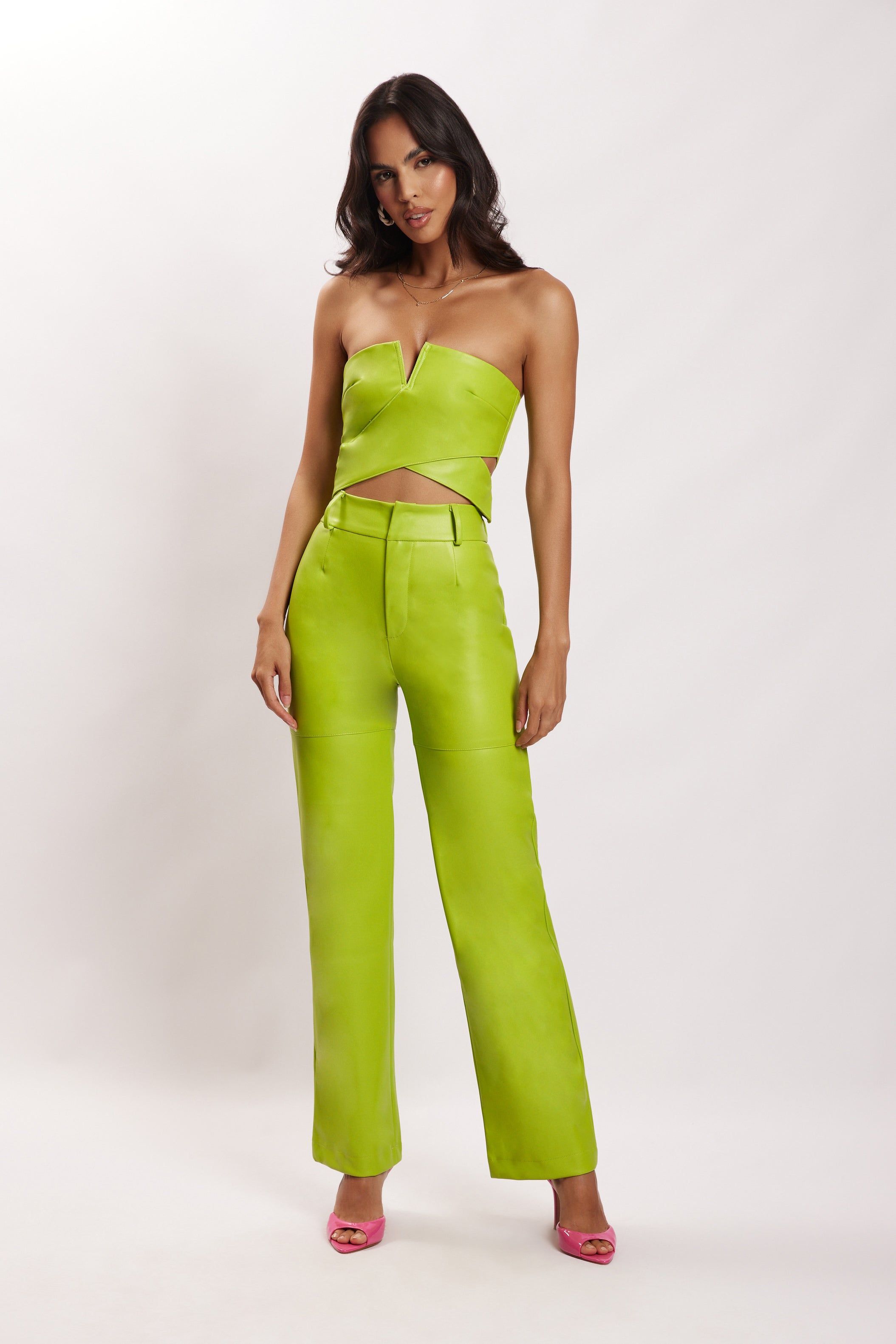 Perrie Faux Leather Cut Out Crop Top - Lime Green sold by Meshki product image thumbnail 4