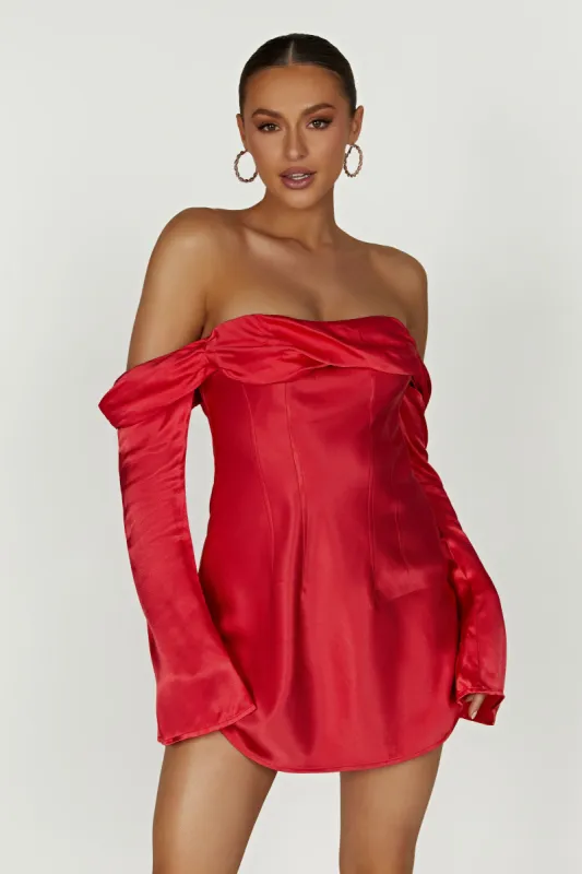 Giselle Off Shoulder Satin Mini Dress - Red sold by Meshki