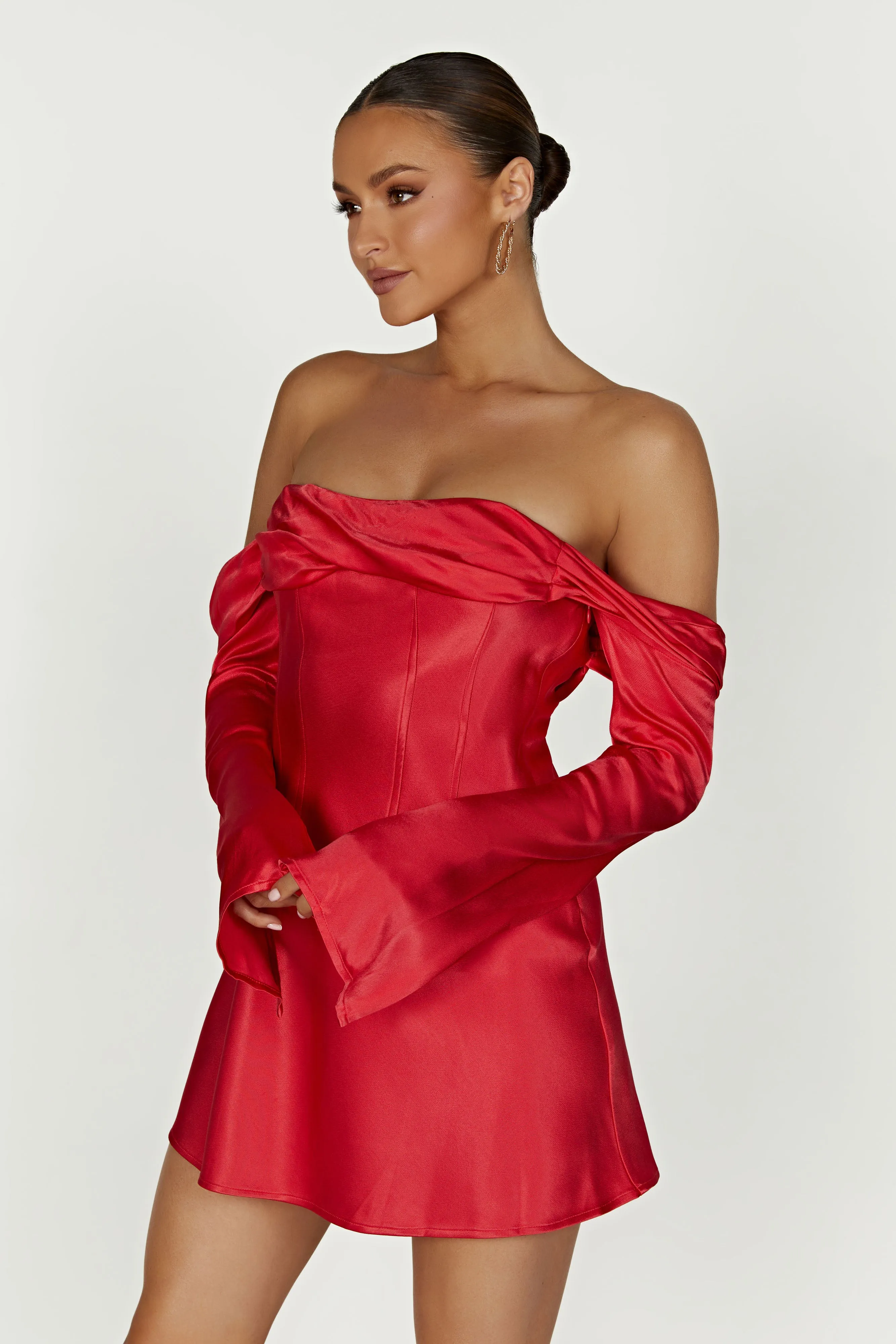 Giselle Off Shoulder Satin Mini Dress - Red sold by Meshki product image thumbnail 5