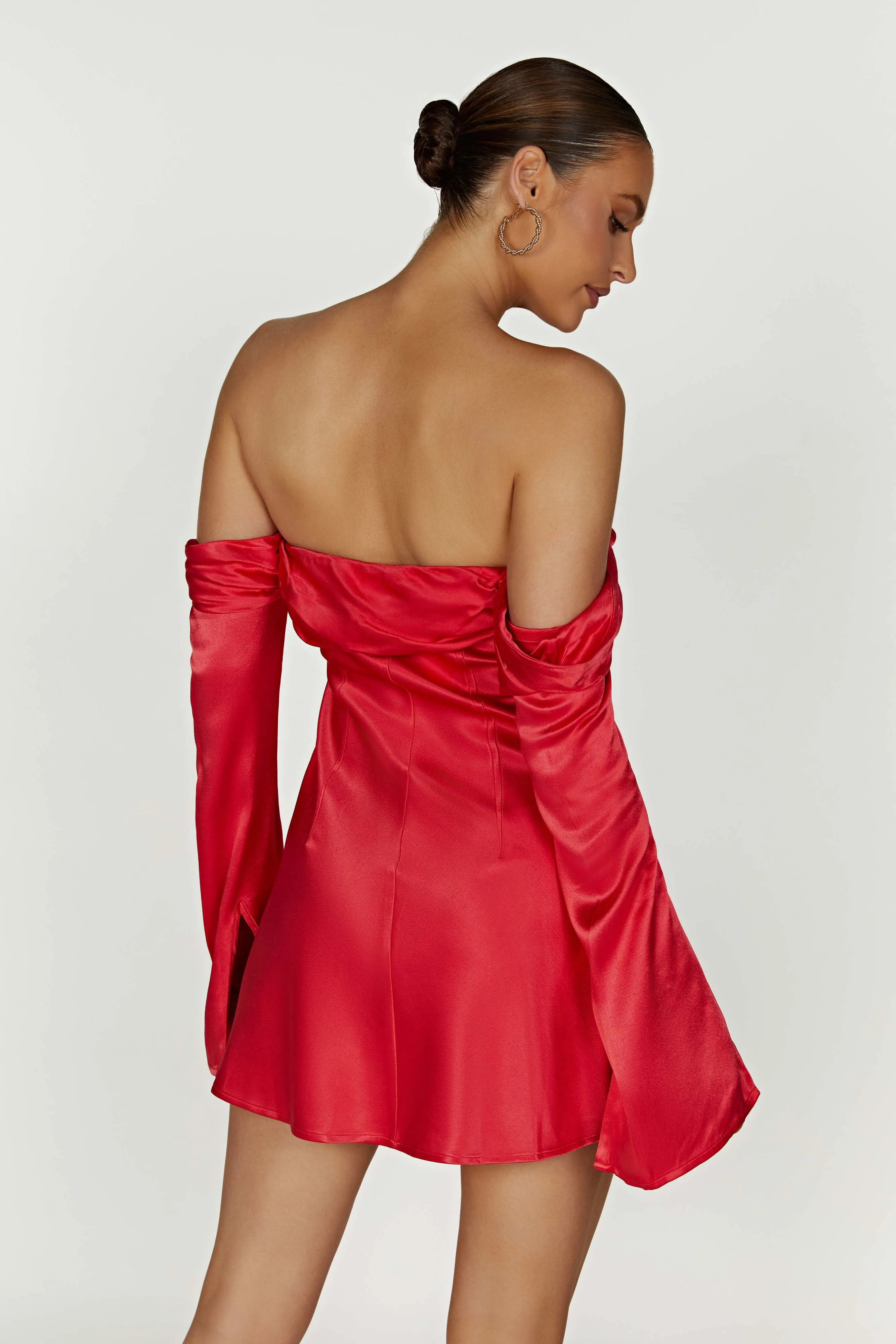 Giselle Off Shoulder Satin Mini Dress - Red sold by Meshki product image thumbnail 2