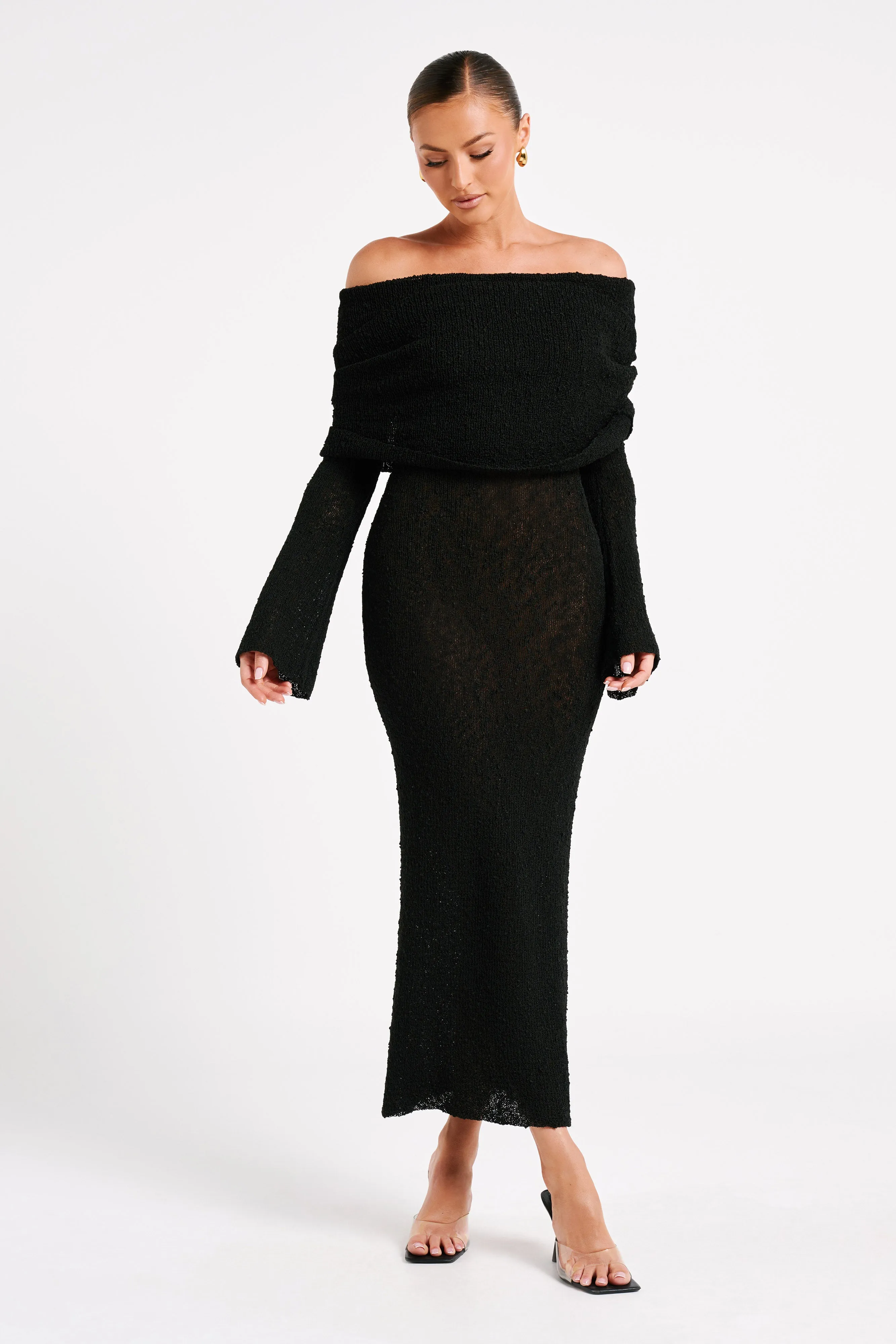 Marisol Off Shoulder Boucle Maxi Dress - Black sold by Meshki product image thumbnail 4