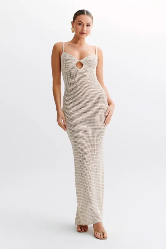 Jeannie Stripe Cupped Knit Maxi Dress - Tan/White made by Meshki