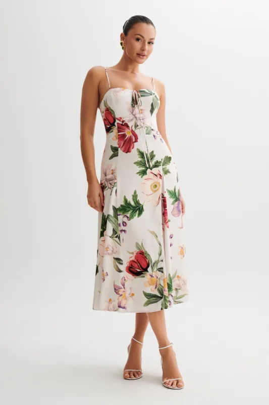 Luciana Satin Midi Dress - Bella Rosa Print sold by Meshki