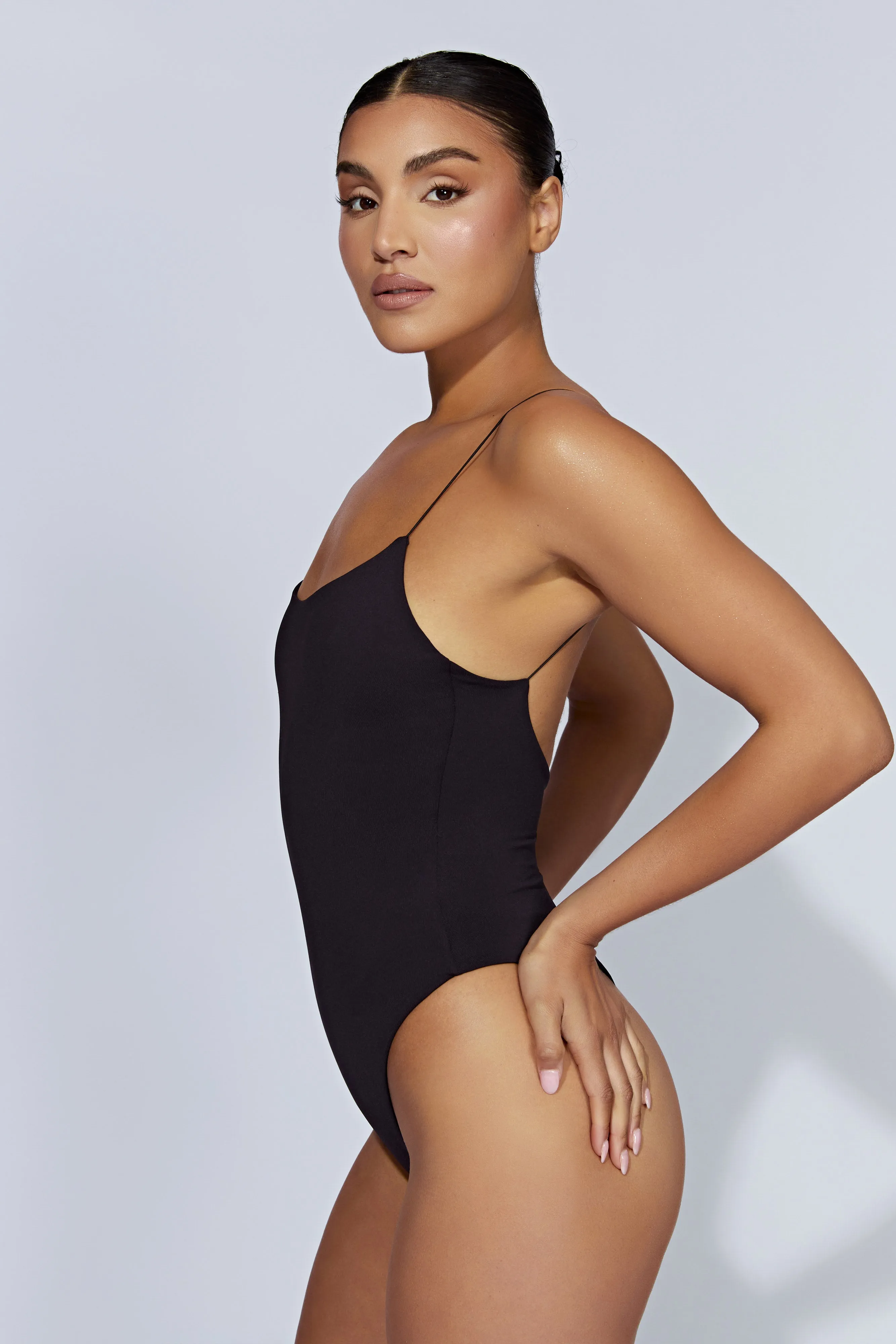 Valeria Low Back Thin Strap Bodysuit - Black sold by Meshki product image thumbnail 4