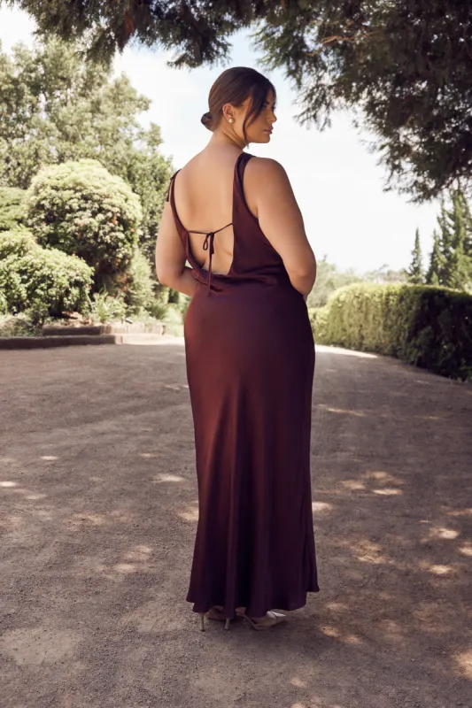 Annalise Satin Maxi Dress With Tie - Plum sold by Meshki