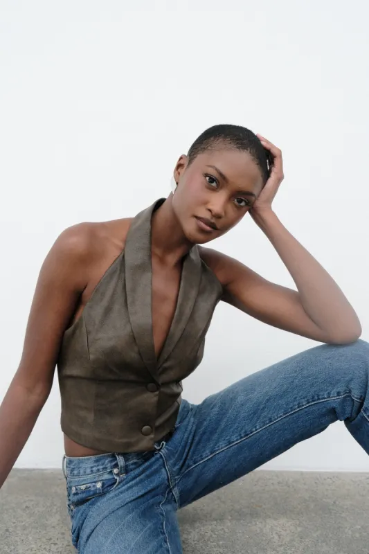 Myka Vintage Faux Leather Vest - Vintage Chocolate made by Meshki