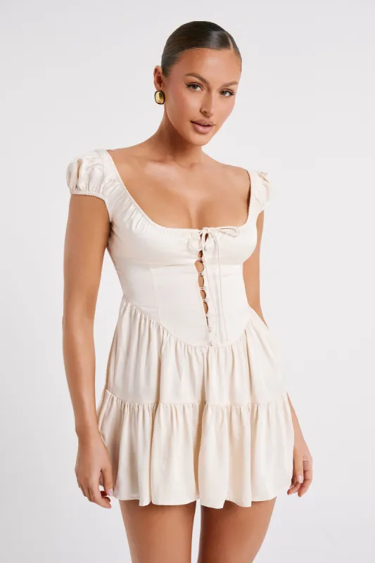 Havanna Satin Mini Dress - Sand sold by Meshki