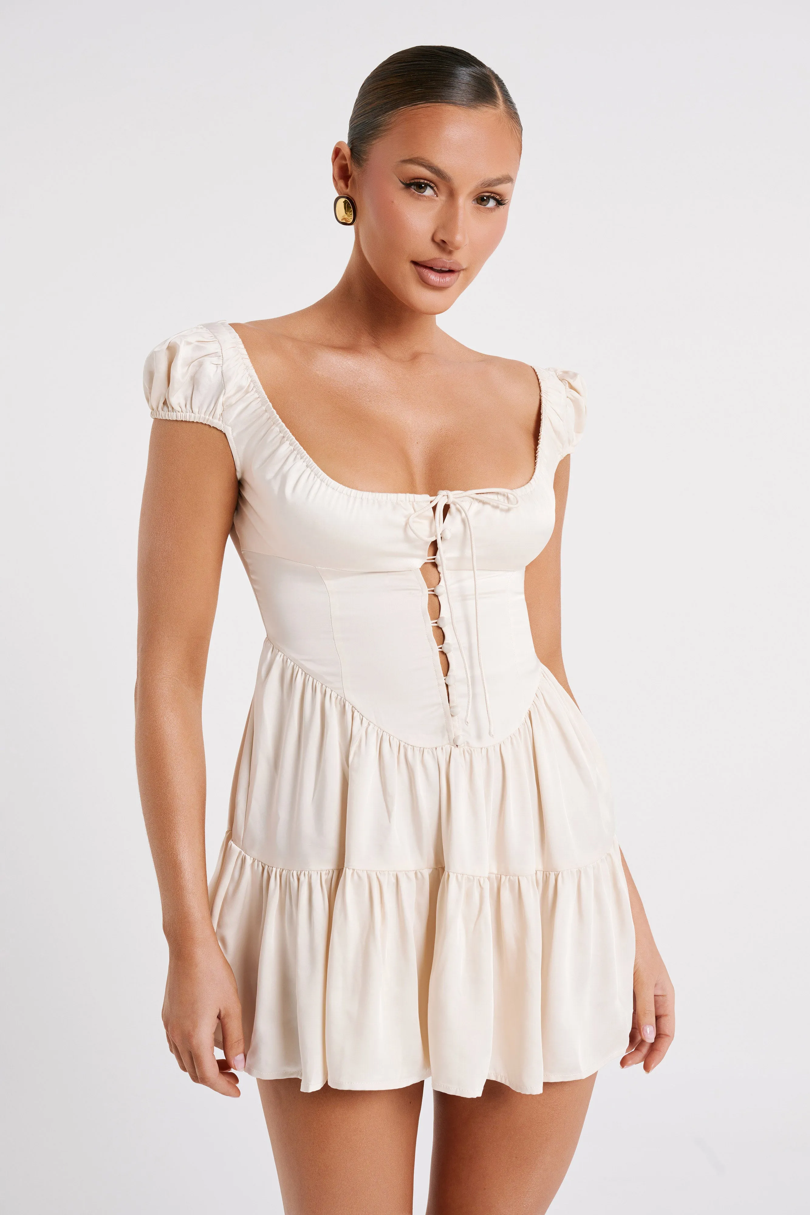 Havanna Satin Mini Dress - Sand sold by Meshki