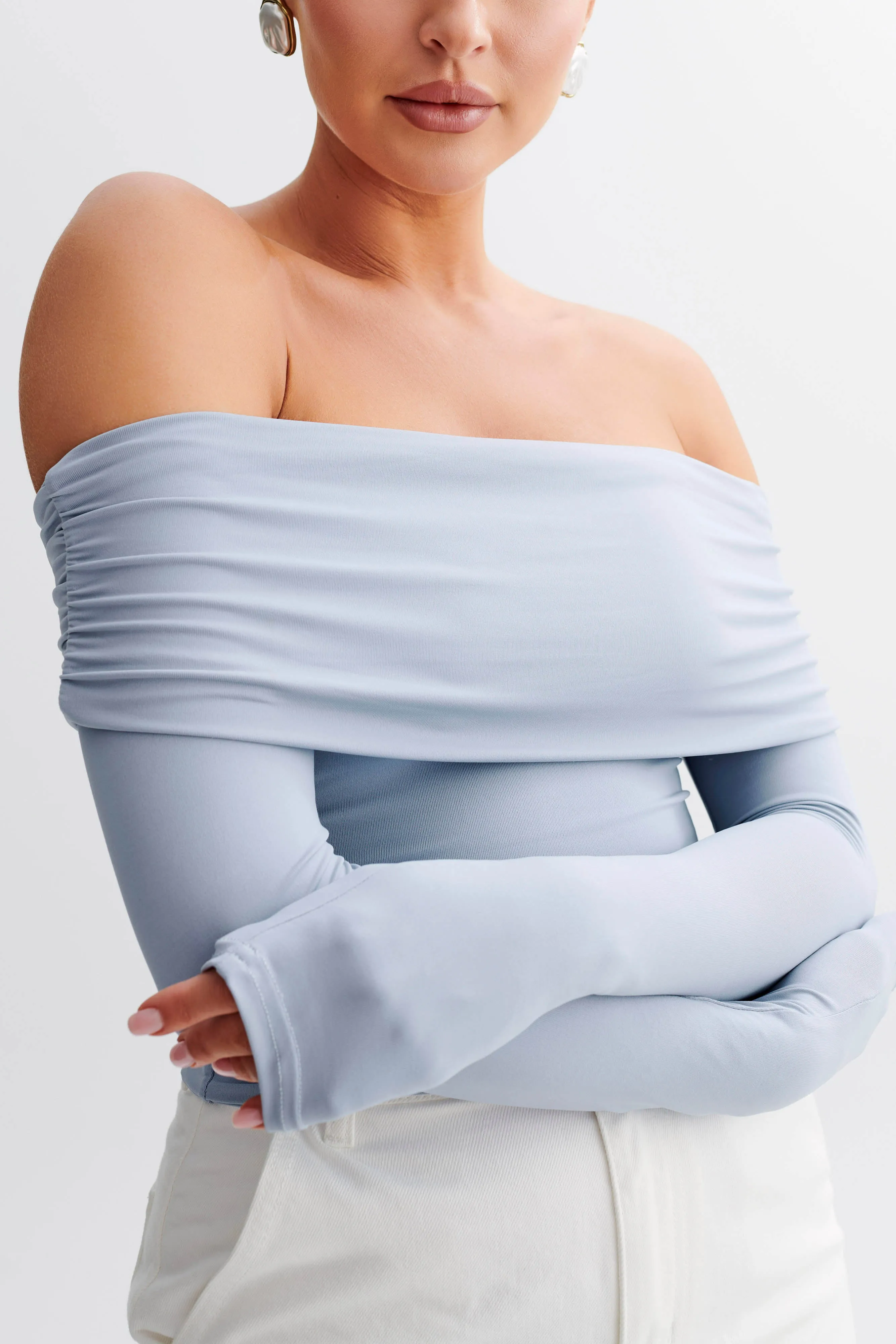Lucinda Recycled Nylon Off Shoulder Top - Dusty Blue sold by Meshki product image thumbnail 3