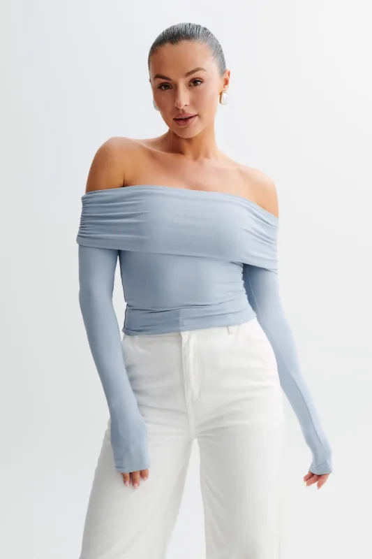 Lucinda Recycled Nylon Off Shoulder Top - Dusty Blue sold by Meshki