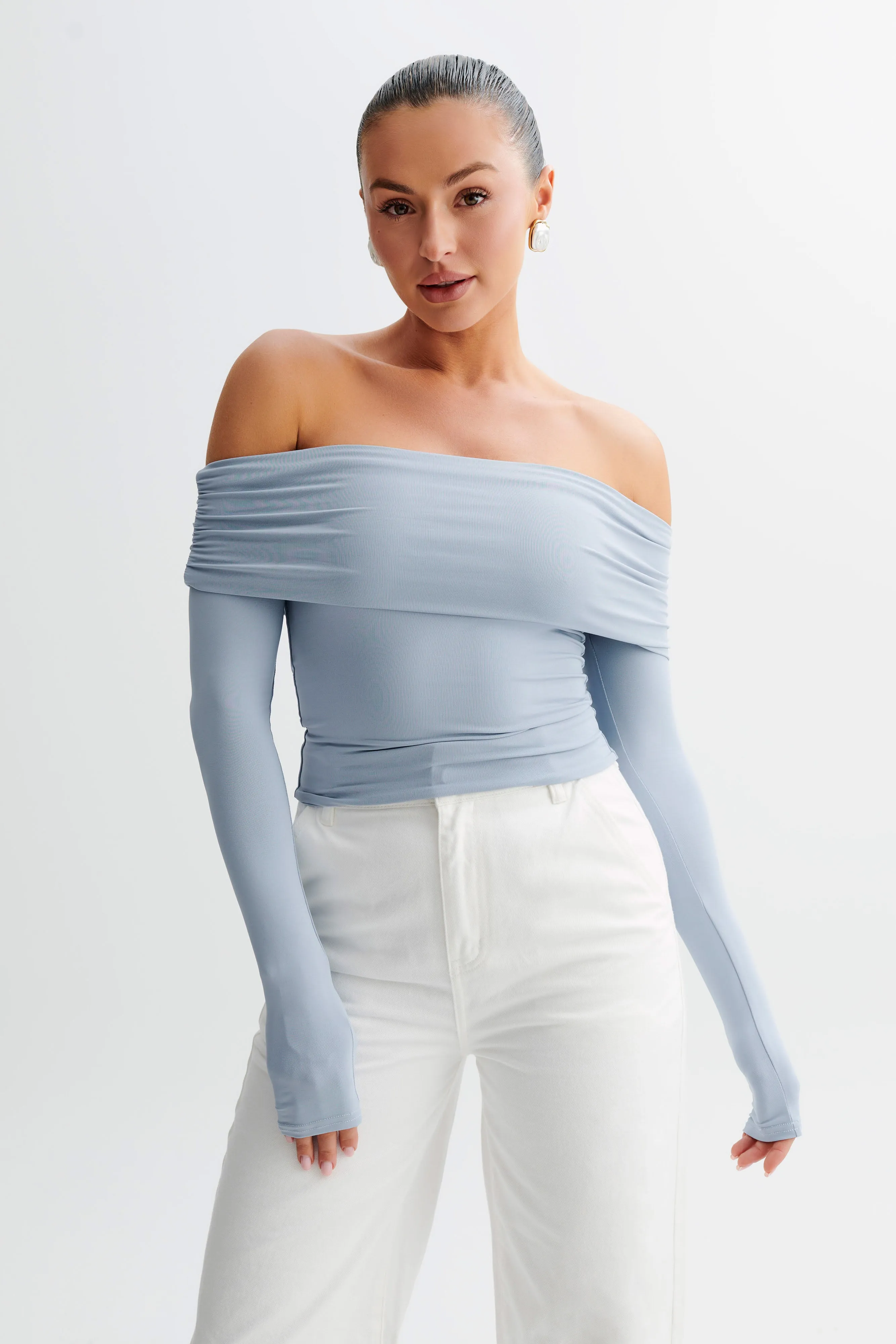 Lucinda Recycled Nylon Off Shoulder Top - Dusty Blue sold by Meshki