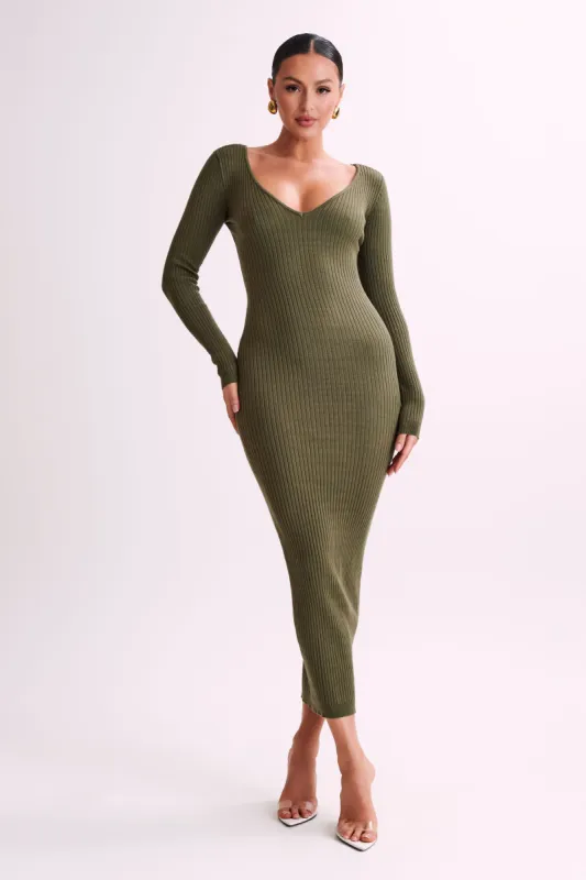Nina Long Sleeve Knit Midi Dress - Olive sold by Meshki