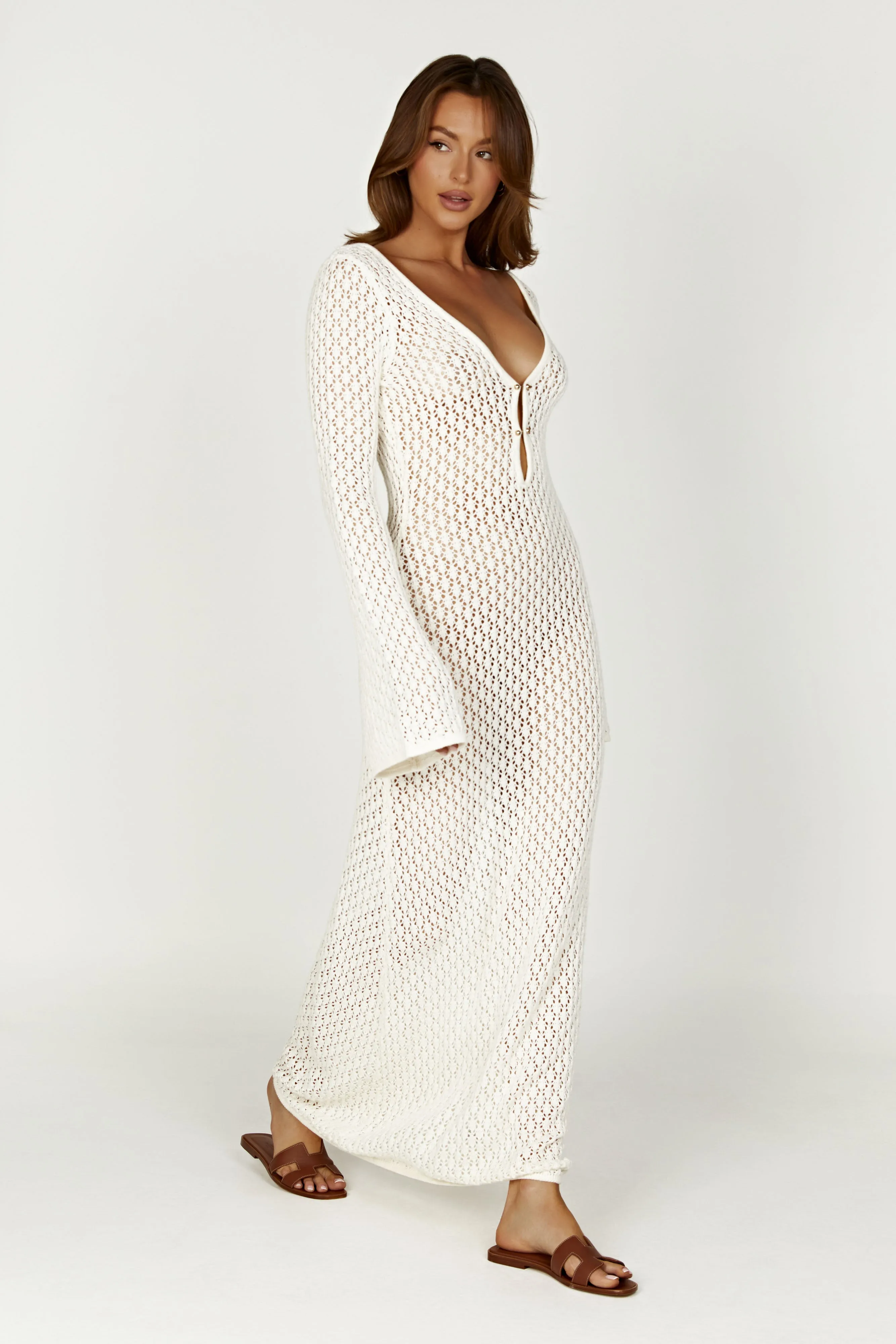 Kayleigh Crochet Fishtail Flare Sleeve Maxi Dress - White sold by Meshki product image thumbnail 5