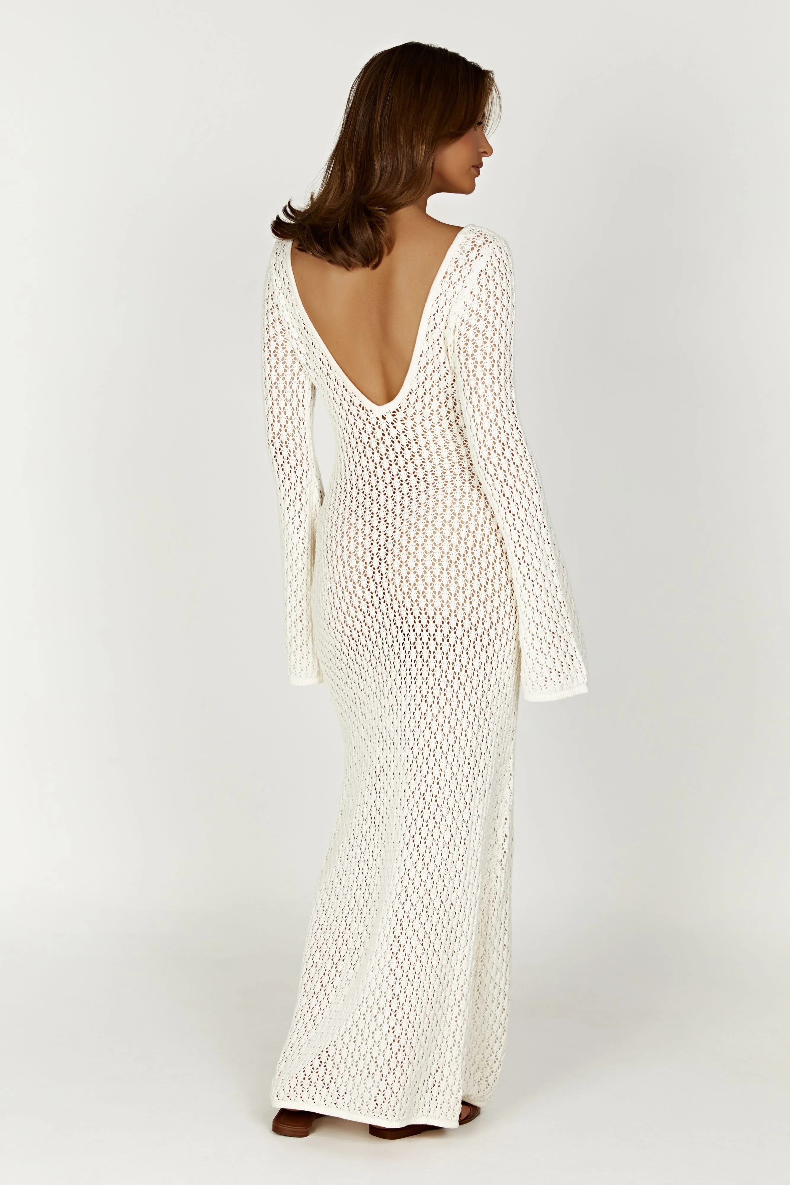 Kayleigh Crochet Fishtail Flare Sleeve Maxi Dress - White sold by Meshki product image thumbnail 3