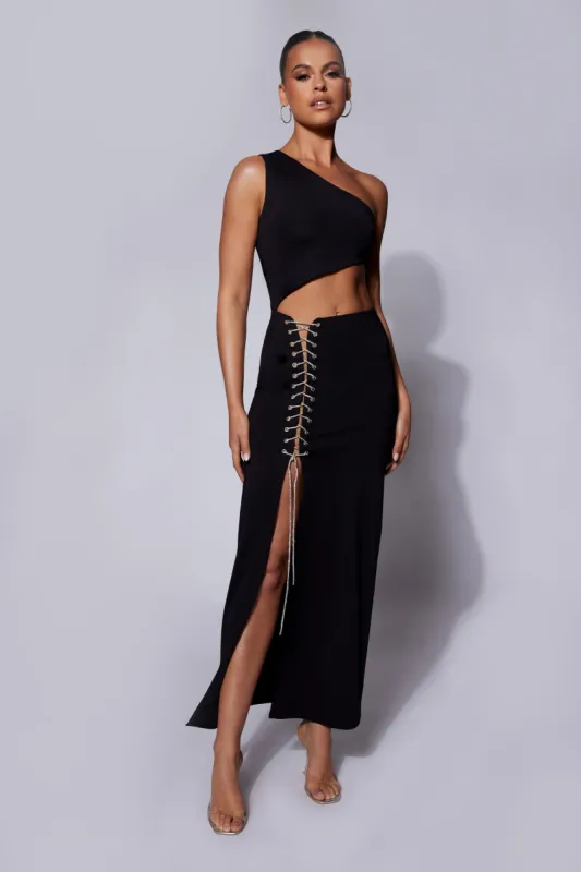 Margot One Shoulder Maxi Dress With Diamante Rope - Black sold by Meshki
