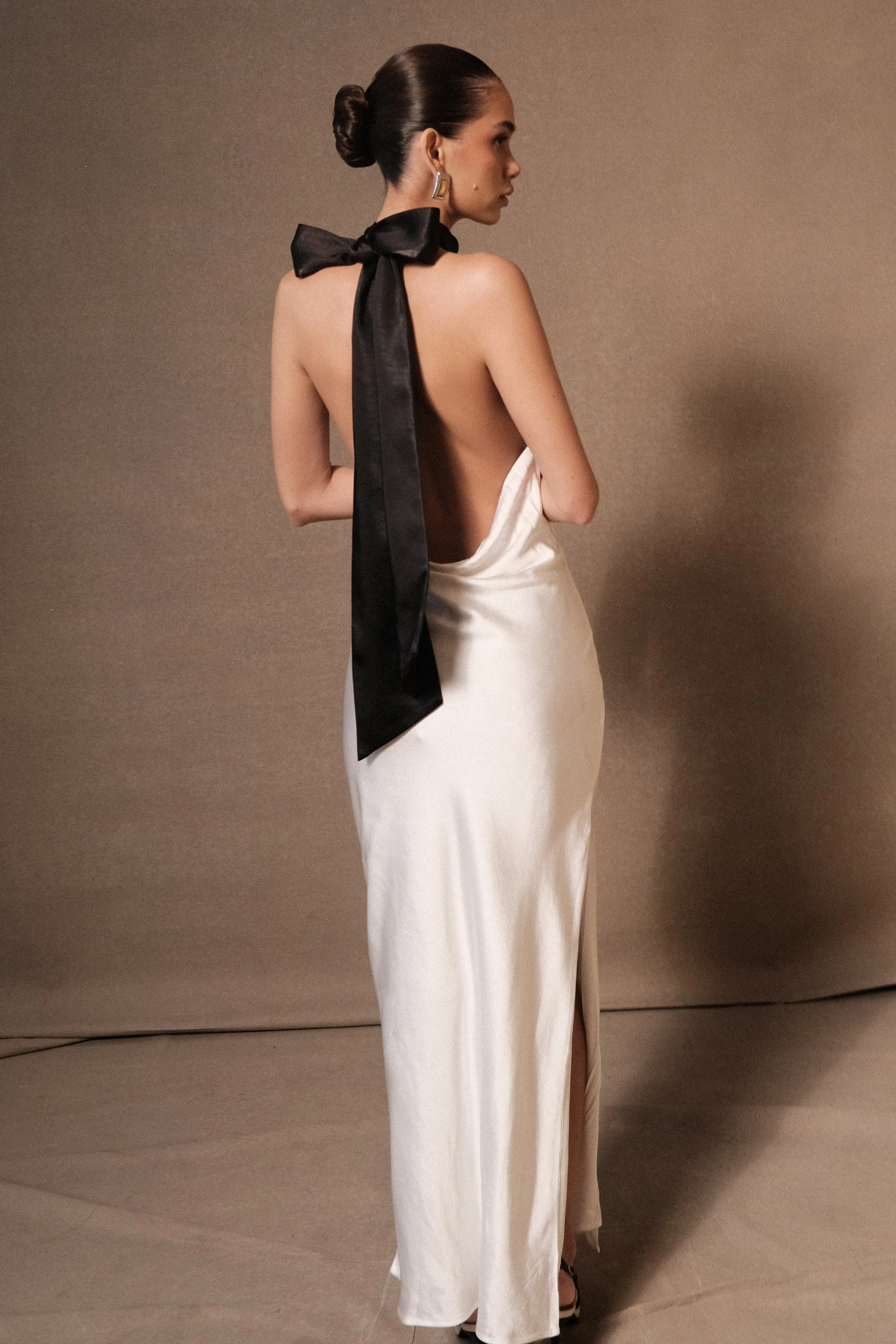 Paulette Satin Midi Dress With Bow - Black & White sold by Meshki