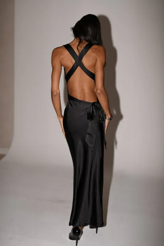 Caellie Satin Cowl Maxi Dress - Black made by Meshki