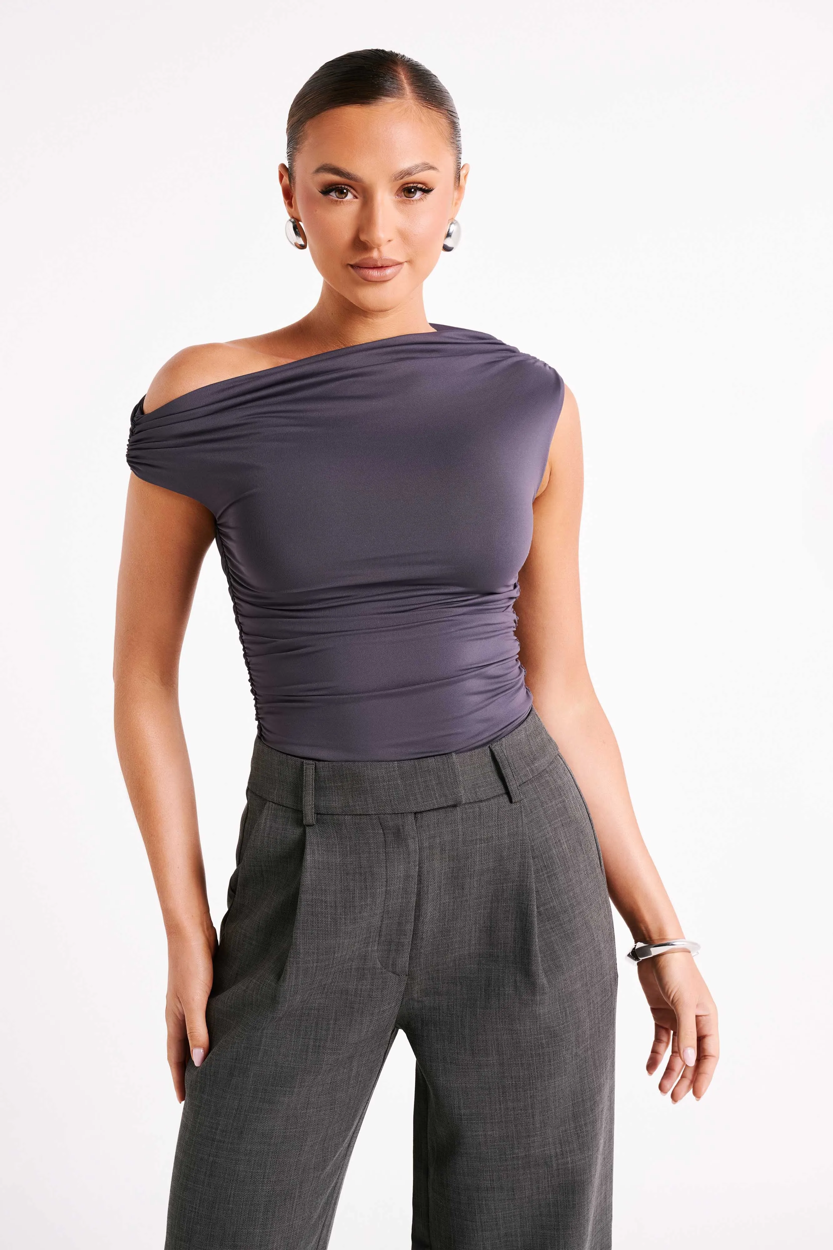 Alayna Recycled Nylon Ruched Top - Charcoal sold by Meshki