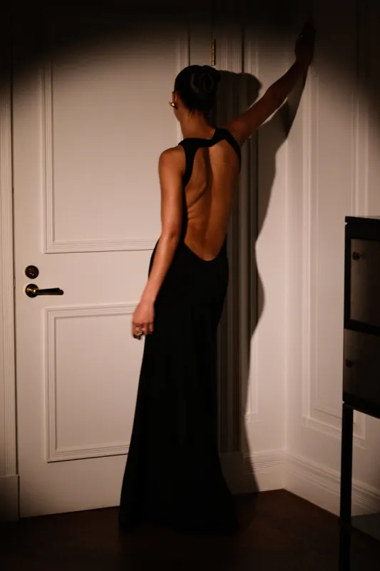 Louise Slinky Backless Maxi Dress - Black sold by Meshki