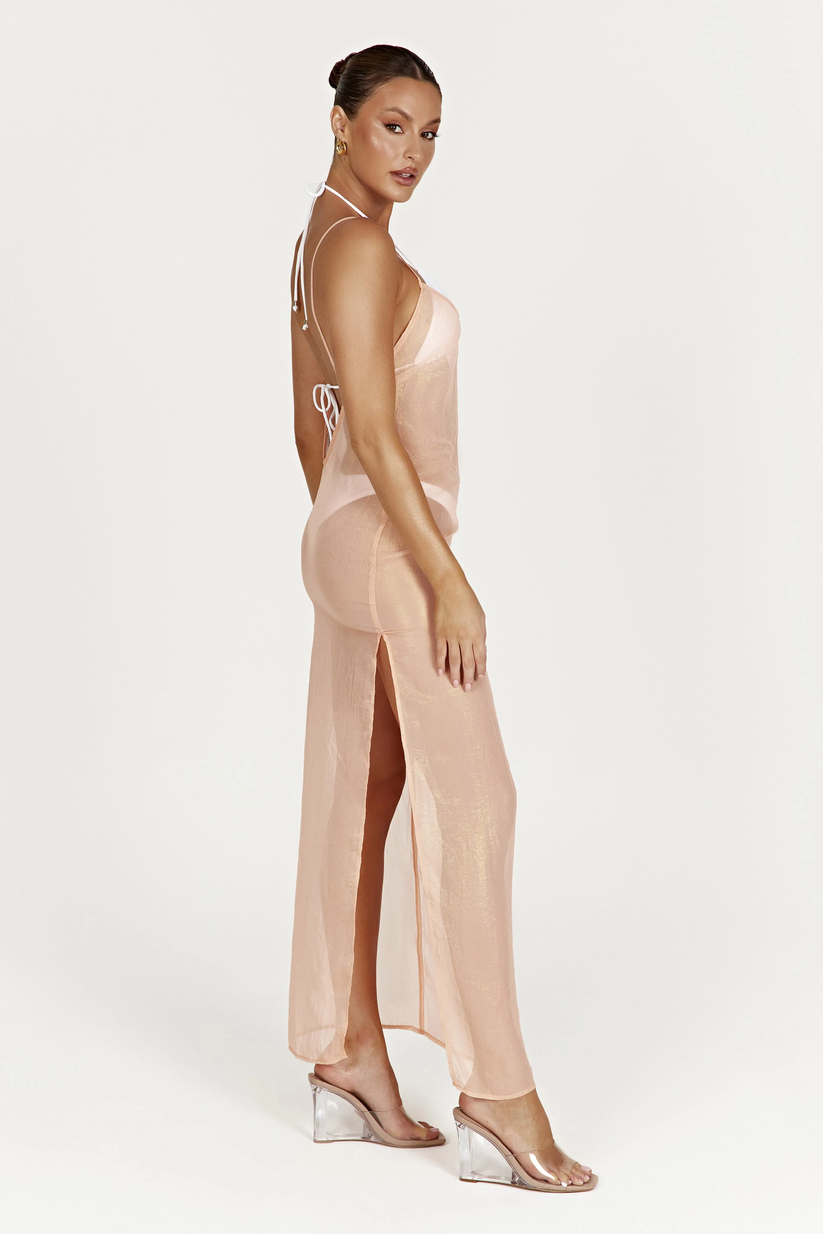Phoebe Sheer Iridescent Maxi Dress - Peach sold by Meshki product image thumbnail 5