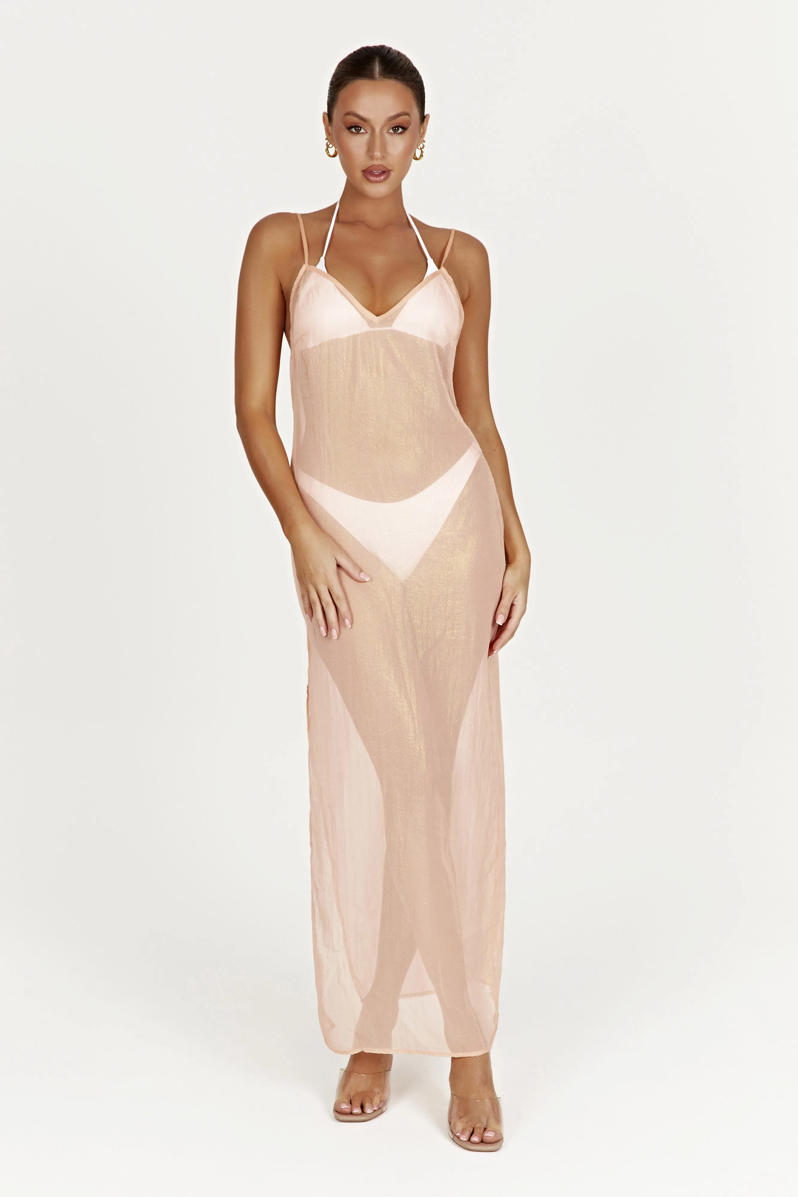 Phoebe Sheer Iridescent Maxi Dress - Peach sold by Meshki product image thumbnail 2