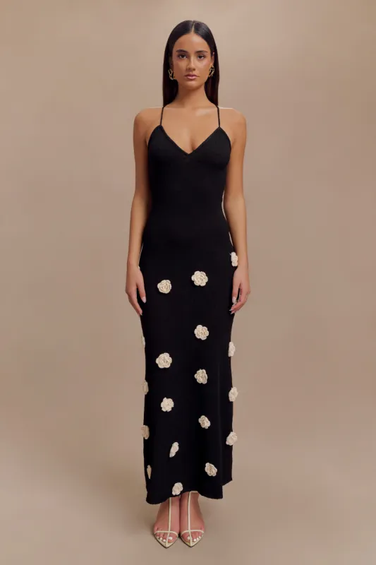 Suki Knit Maxi Dress With Flowers - Black/White sold by Meshki