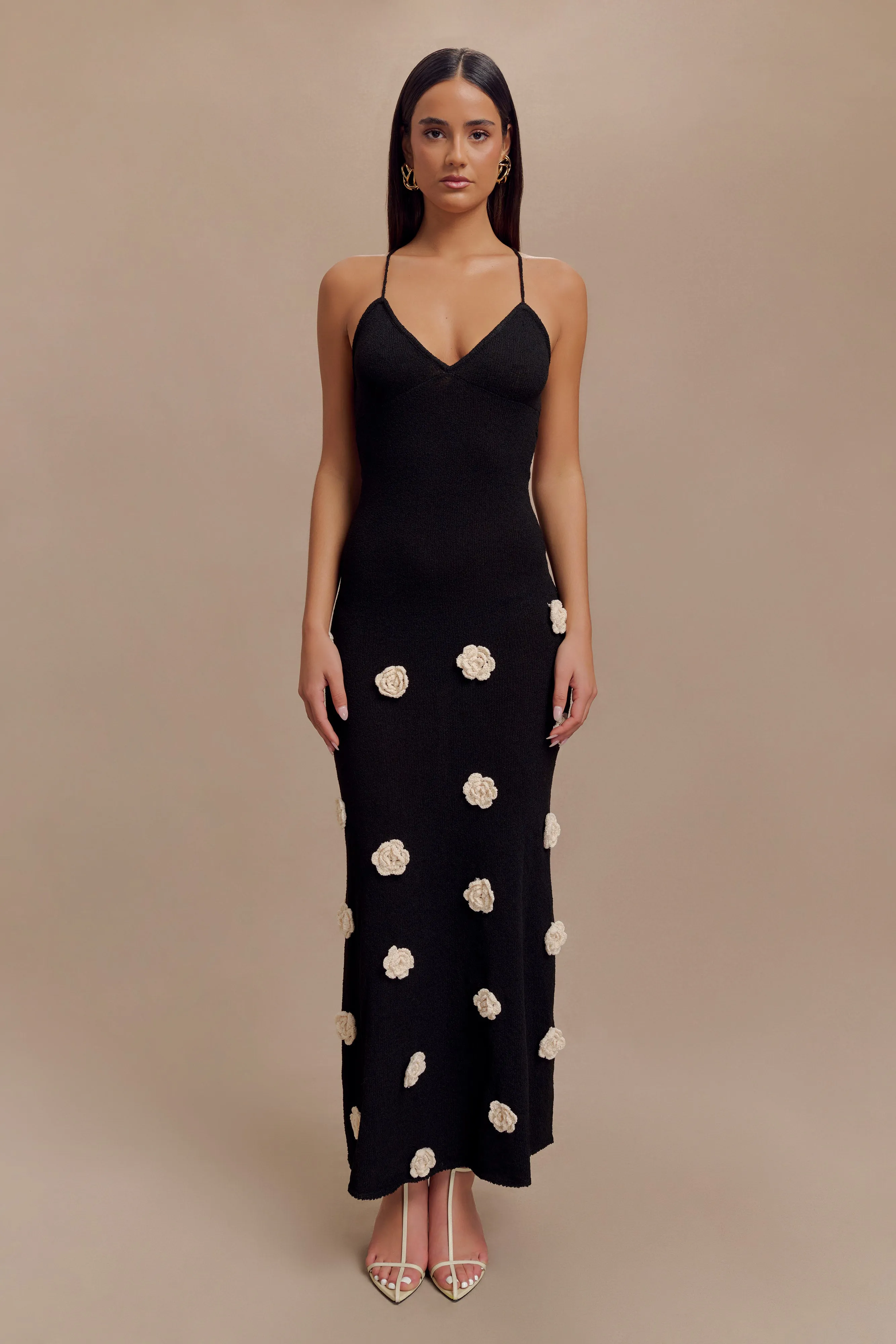 Suki Knit Maxi Dress With Flowers - Black/White sold by Meshki