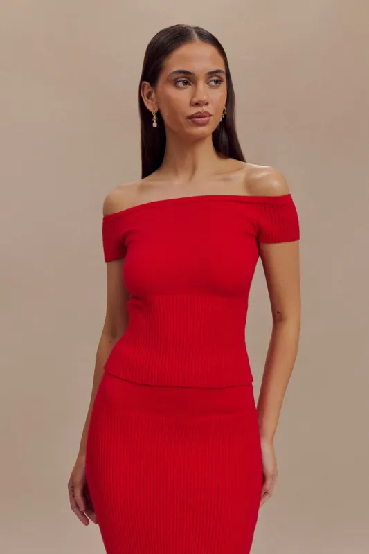 Mathilde Ribbed Knit Off Shoulder Top - Ruby made by Meshki