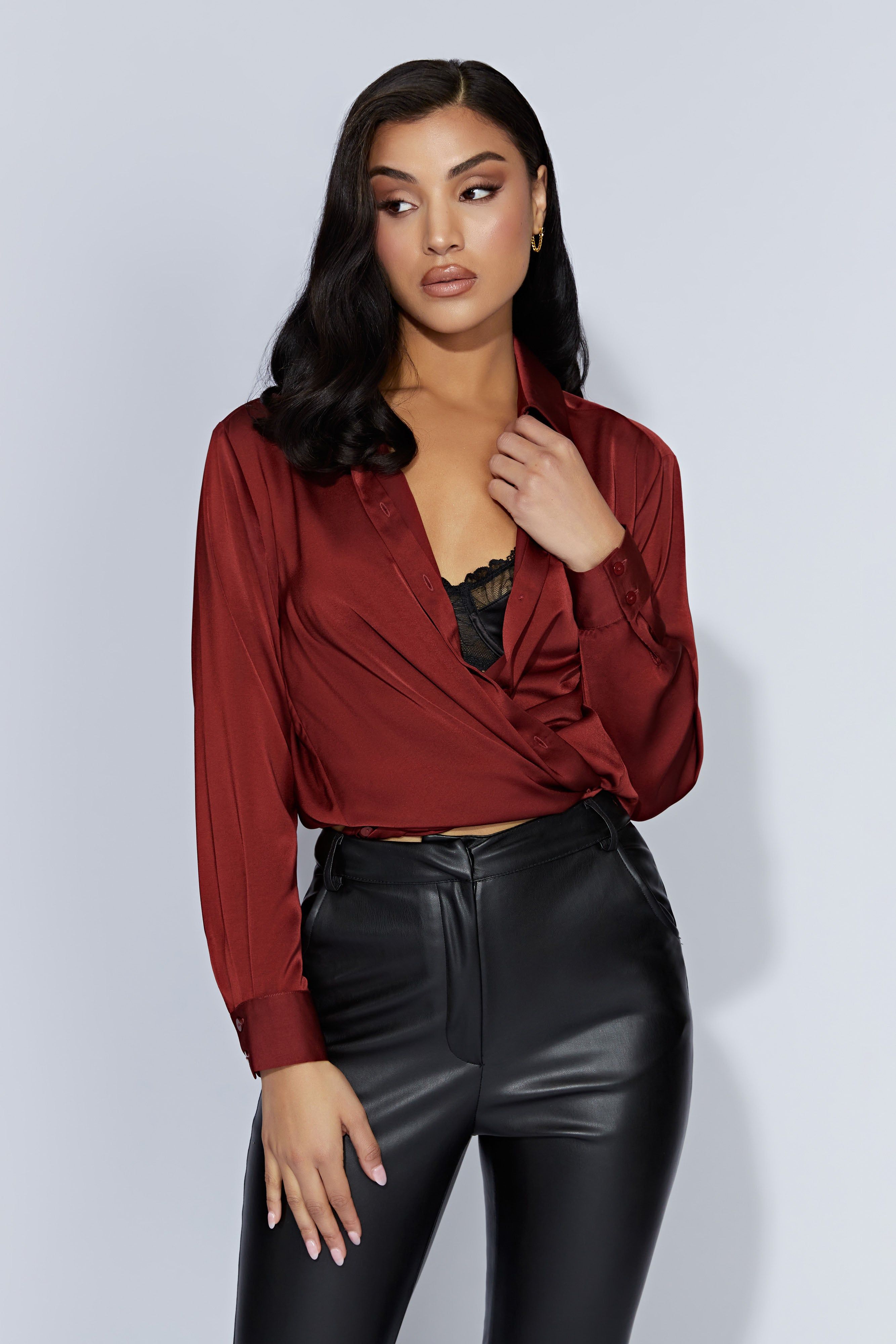 Liliana Satin Shirt - Cherry Chocolate sold by Meshki product image thumbnail 4