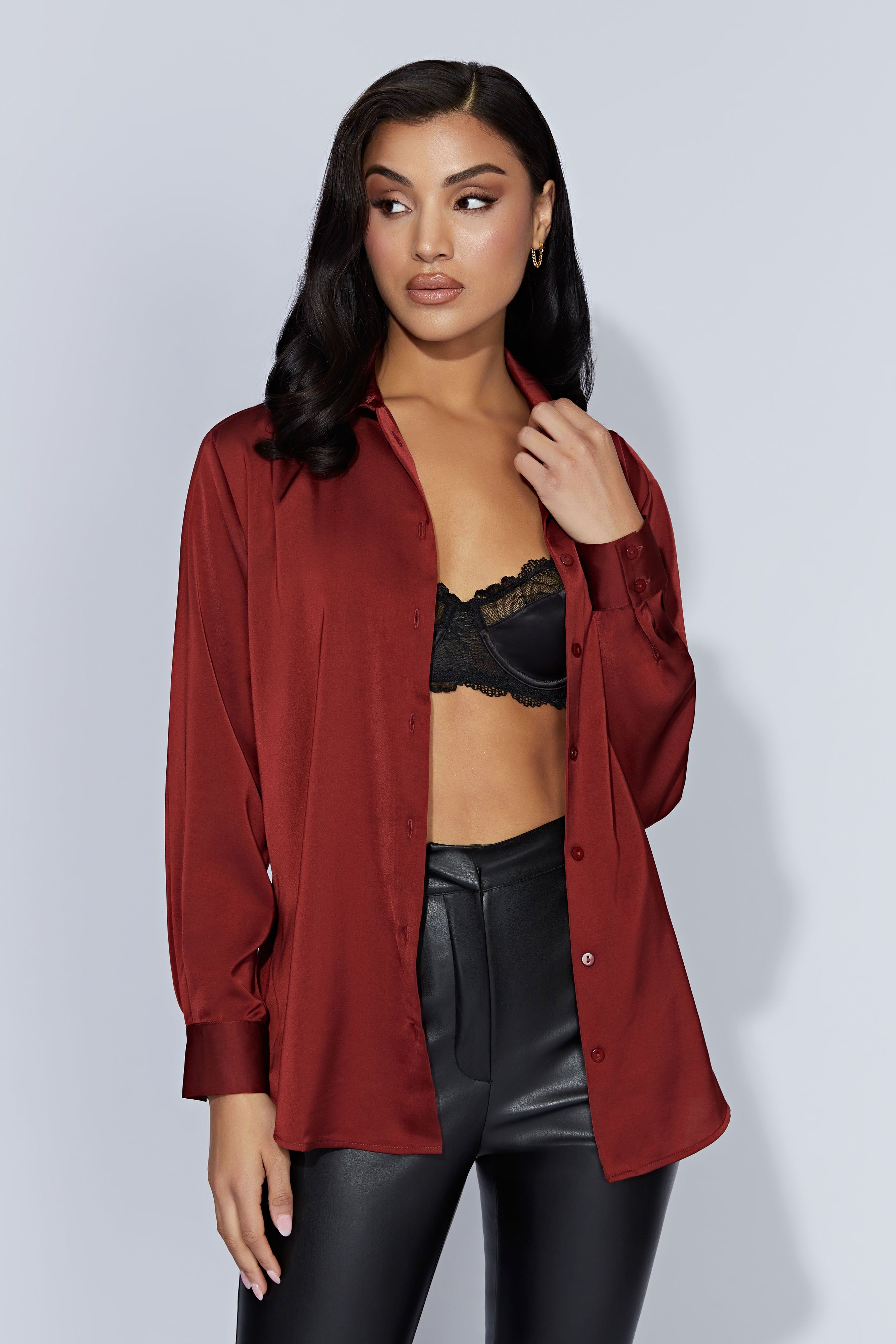 Liliana Satin Shirt - Cherry Chocolate sold by Meshki