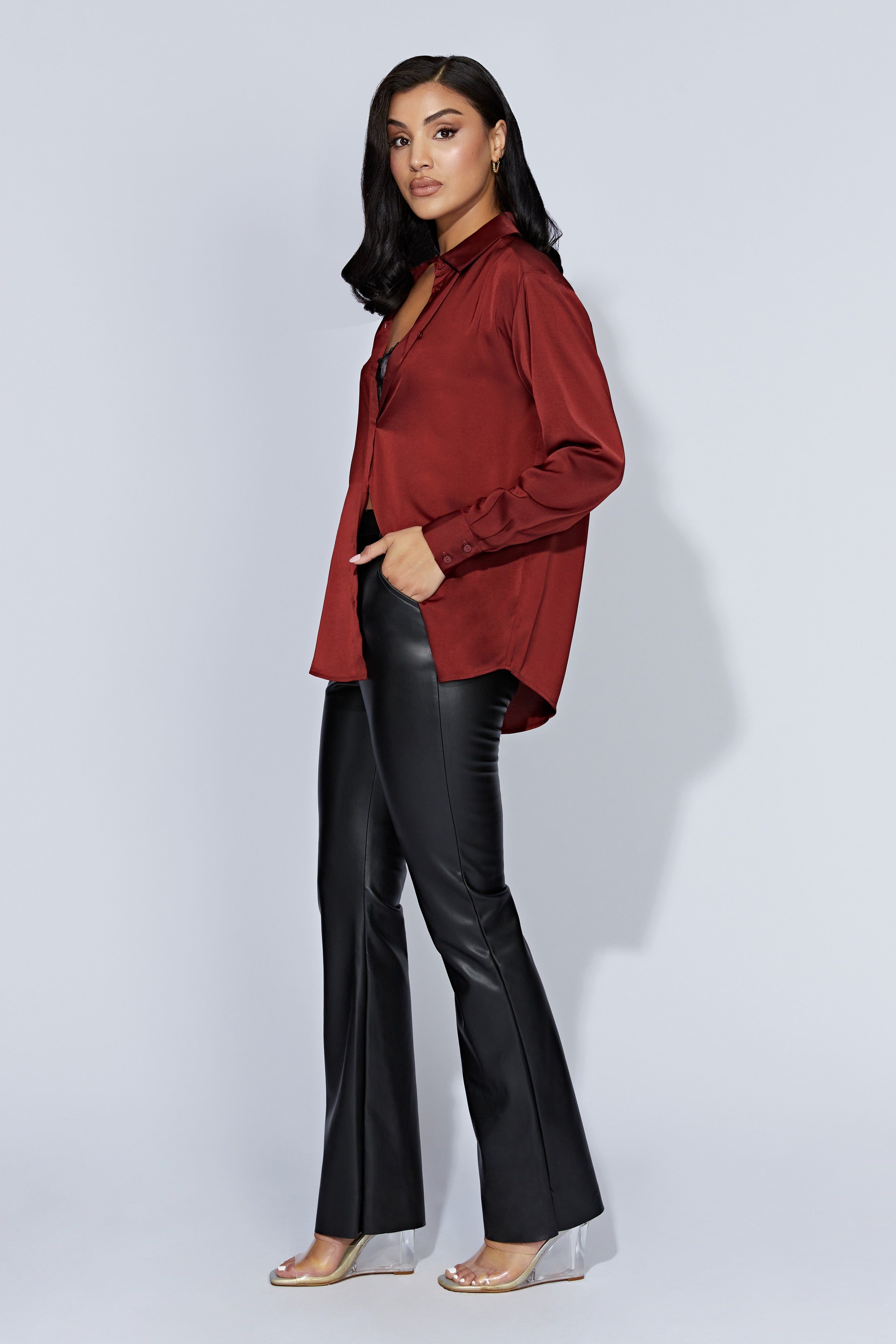 Liliana Satin Shirt - Cherry Chocolate sold by Meshki product image thumbnail 5