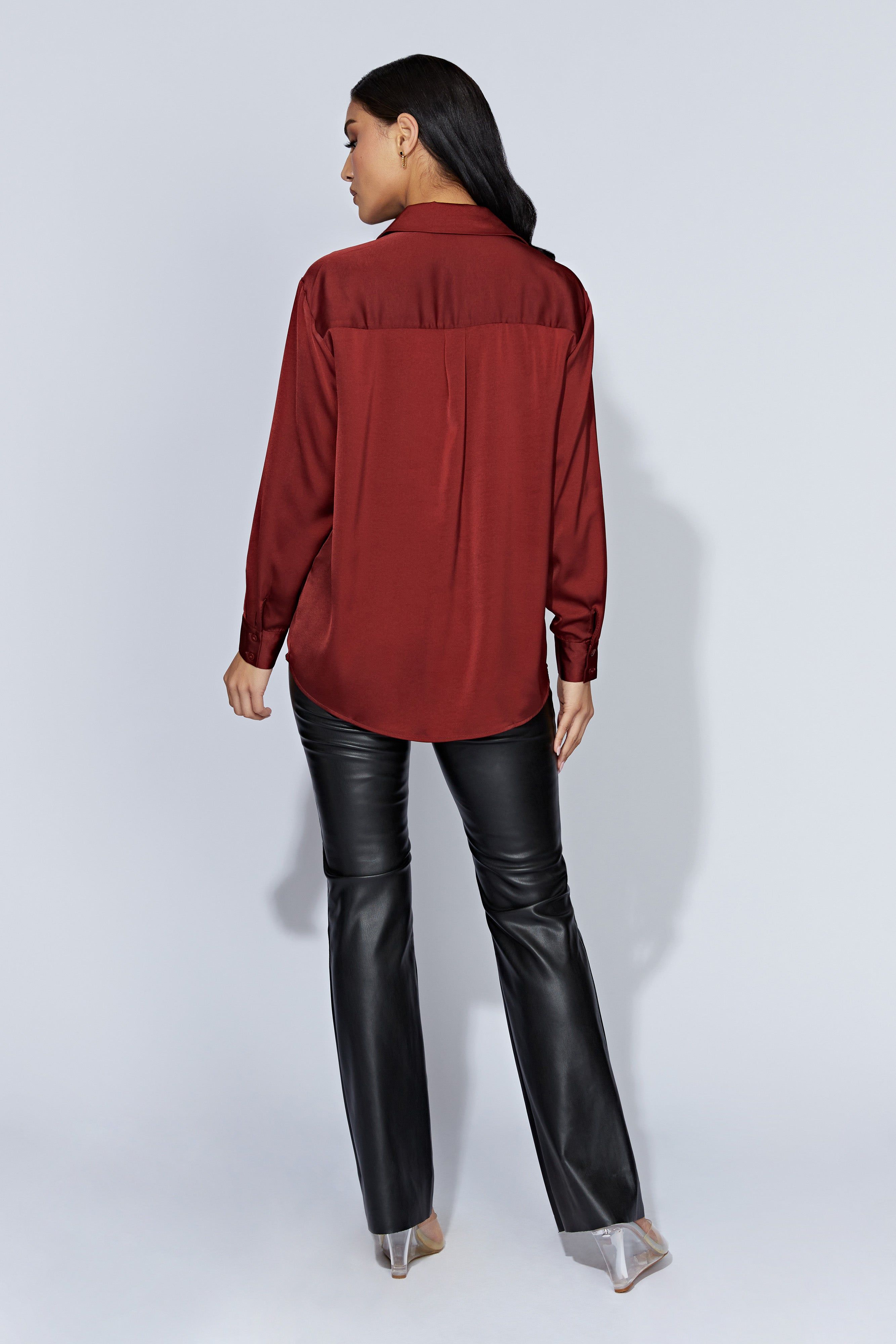 Liliana Satin Shirt - Cherry Chocolate sold by Meshki product image thumbnail 2