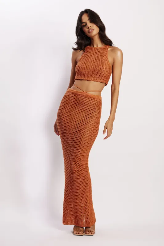 Raquel Crochet Maxi Skirt - Burnt Orange sold by Meshki