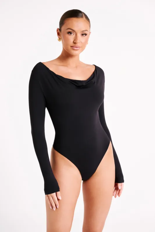 Eviana Recycled Nylon Draped Bodysuit - Black sold by Meshki