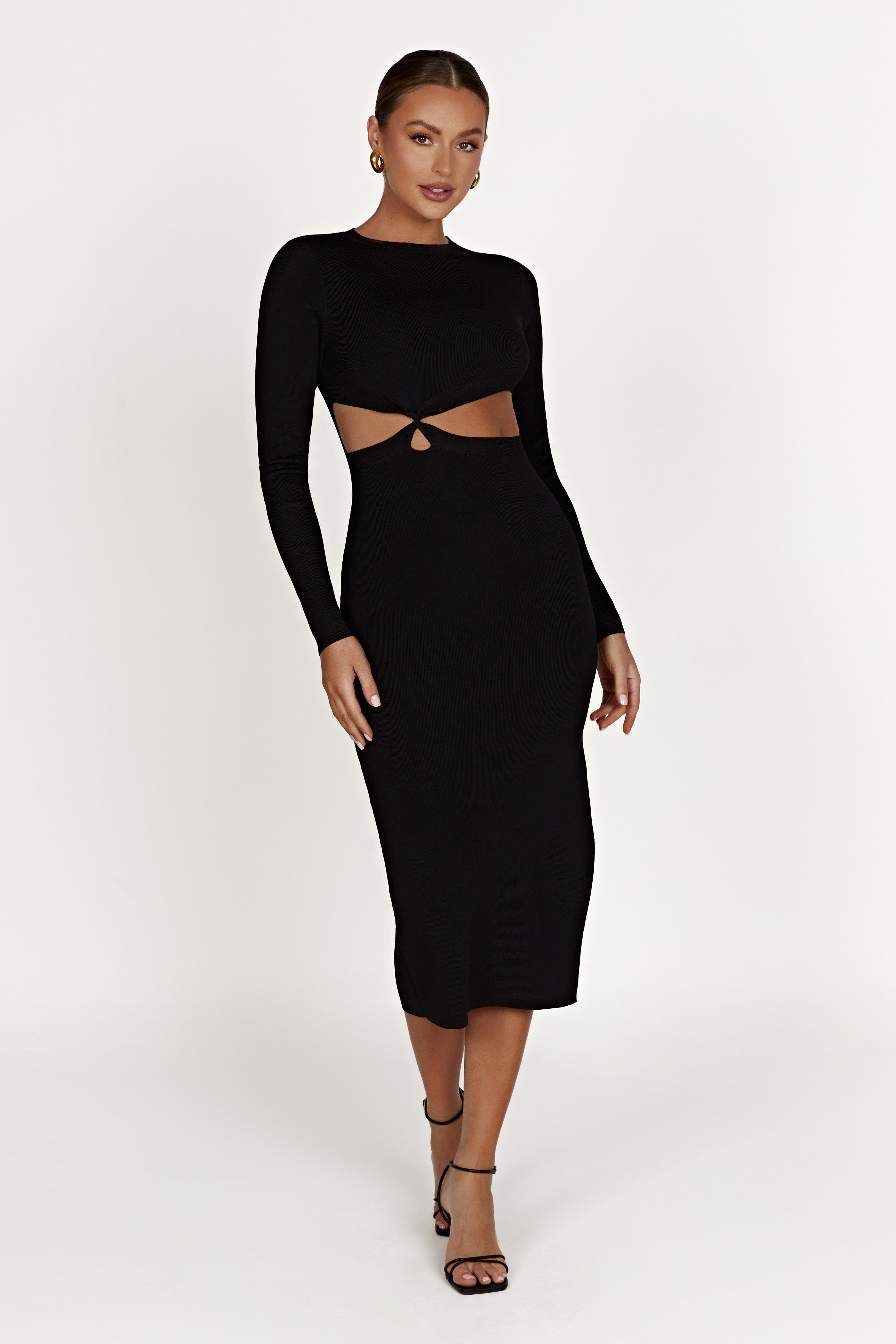 Mila Twist Front Knit Midi Dress - Black sold by Meshki