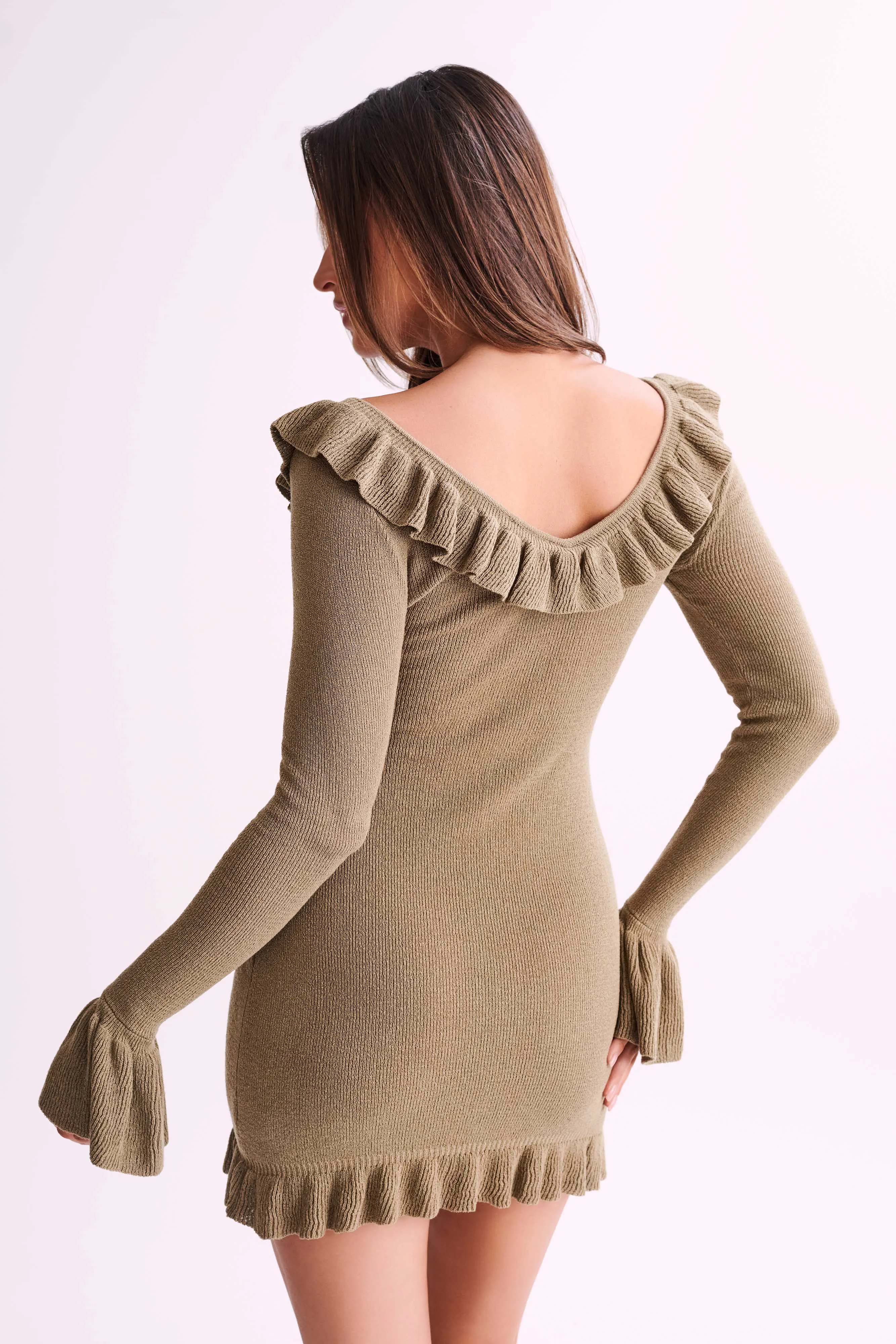 Karolina Knit Mini Dress With Frill - Olive sold by Meshki product image thumbnail 4