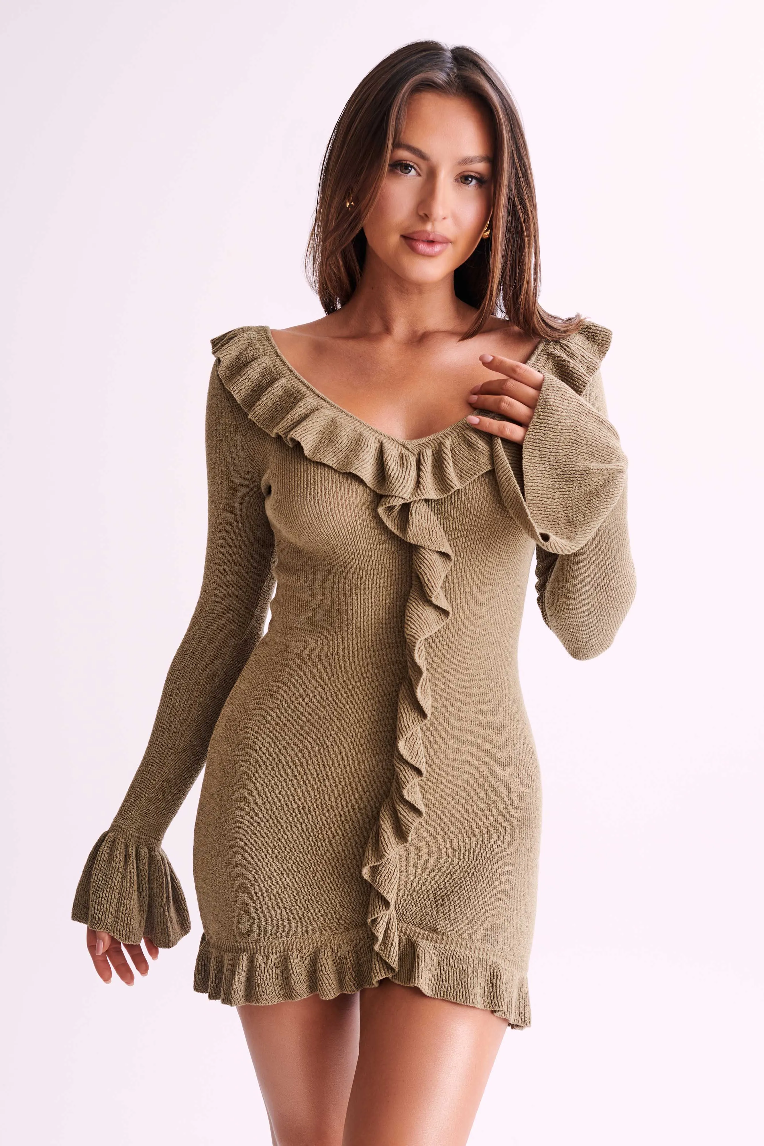 Karolina Knit Mini Dress With Frill - Olive sold by Meshki