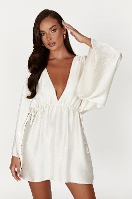 Esmerlda Pleated Kimono Mini Dress - Ivory sold by Meshki