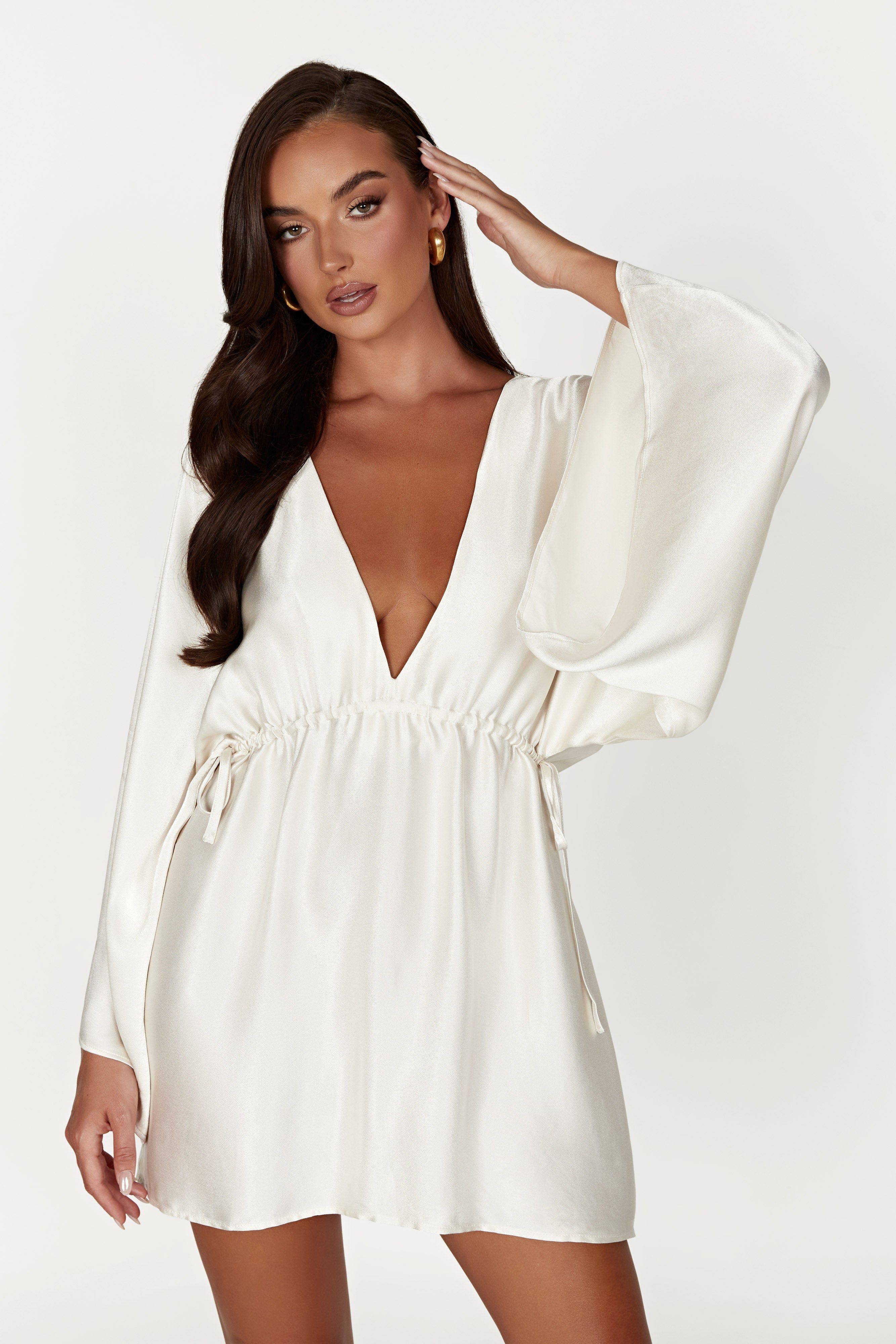 Esmerlda Pleated Kimono Mini Dress - Ivory sold by Meshki