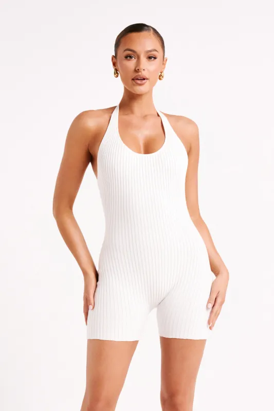 Aitana Halter Neck Knit Playsuit - White sold by Meshki