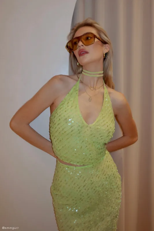 Brielle Sequin Halter Top - Parakeet Green sold by Meshki