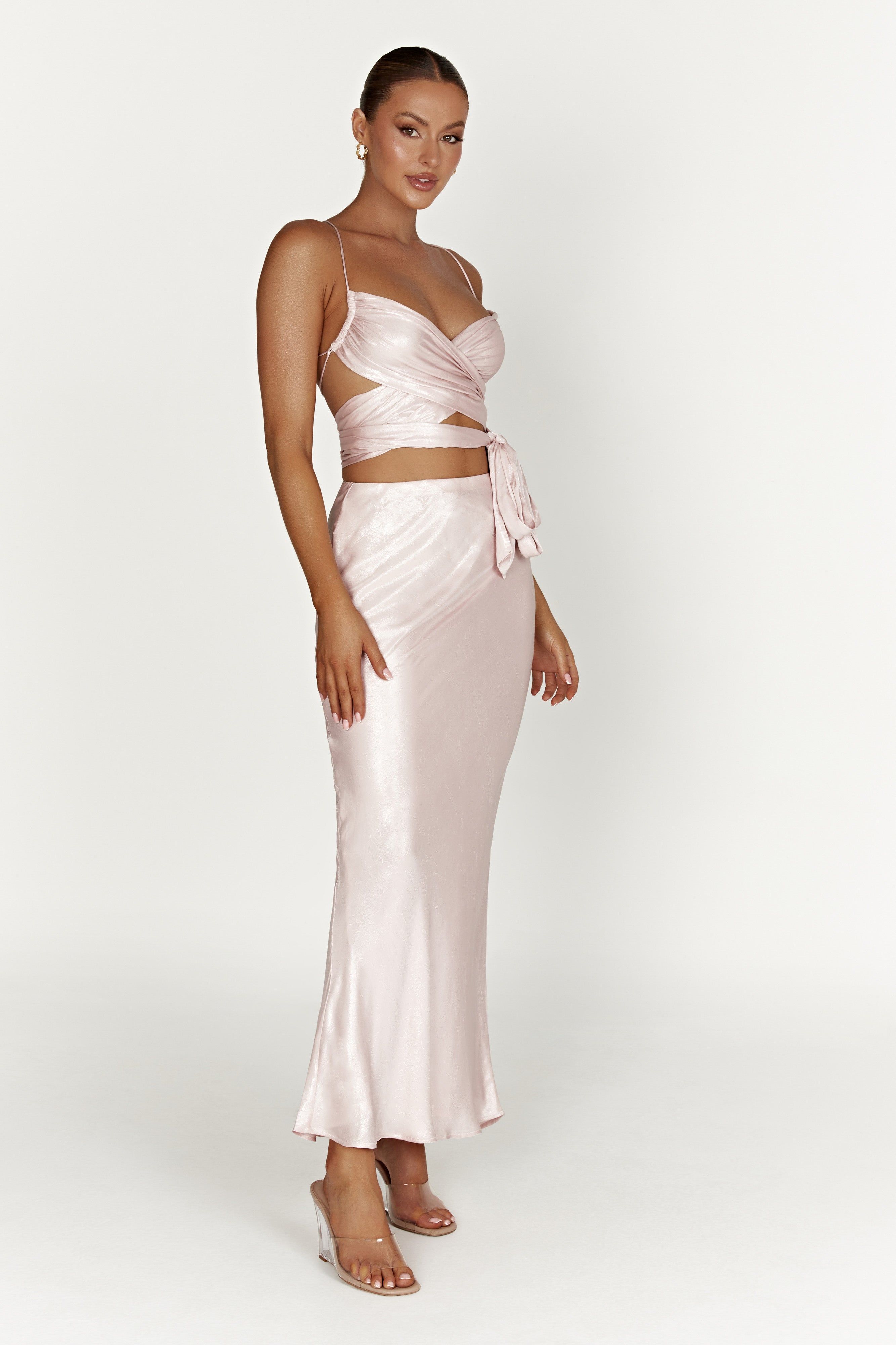 Raine Satin Maxi Skirt - Blush Pink sold by Meshki product image thumbnail 6