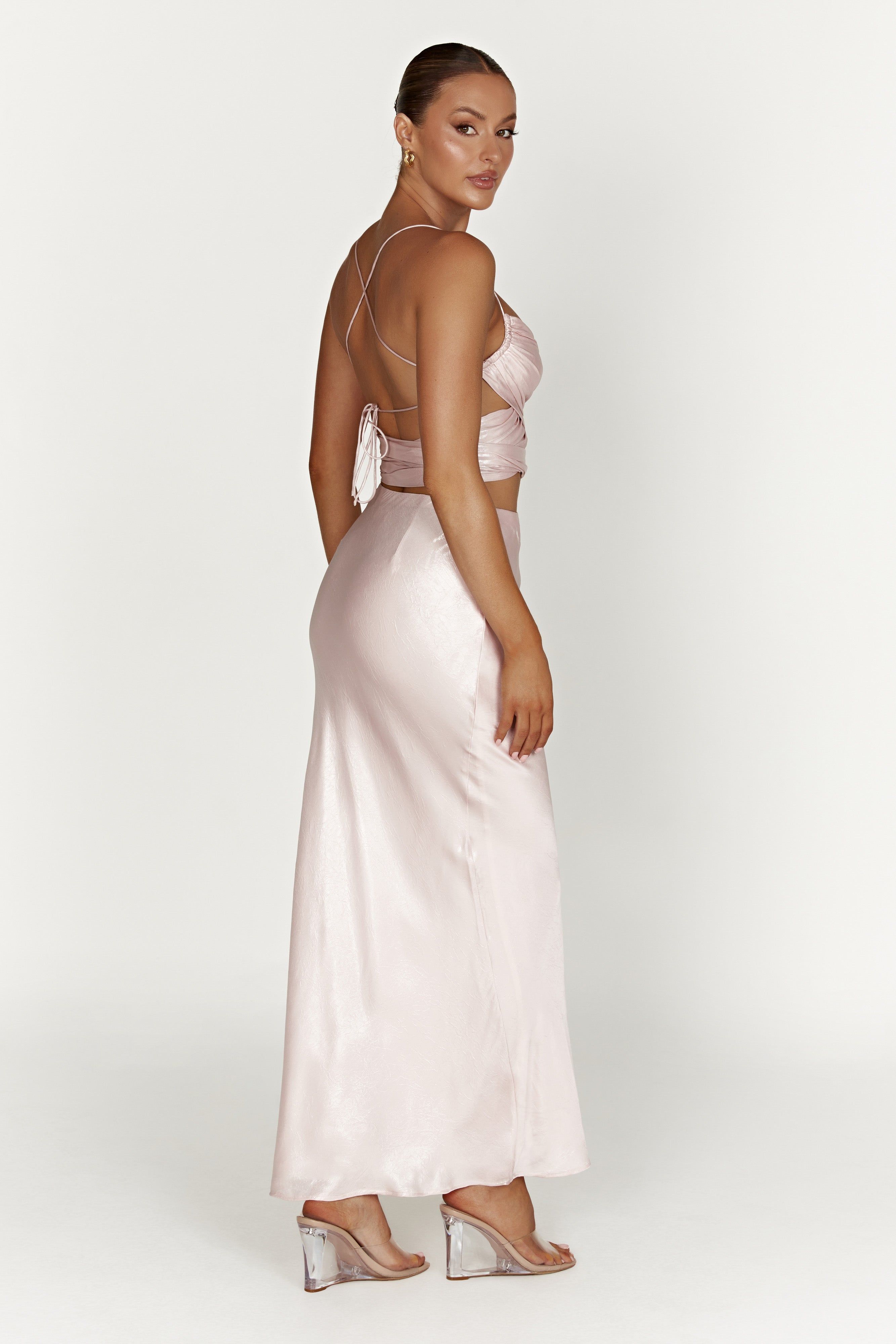 Raine Satin Maxi Skirt - Blush Pink sold by Meshki product image thumbnail 4