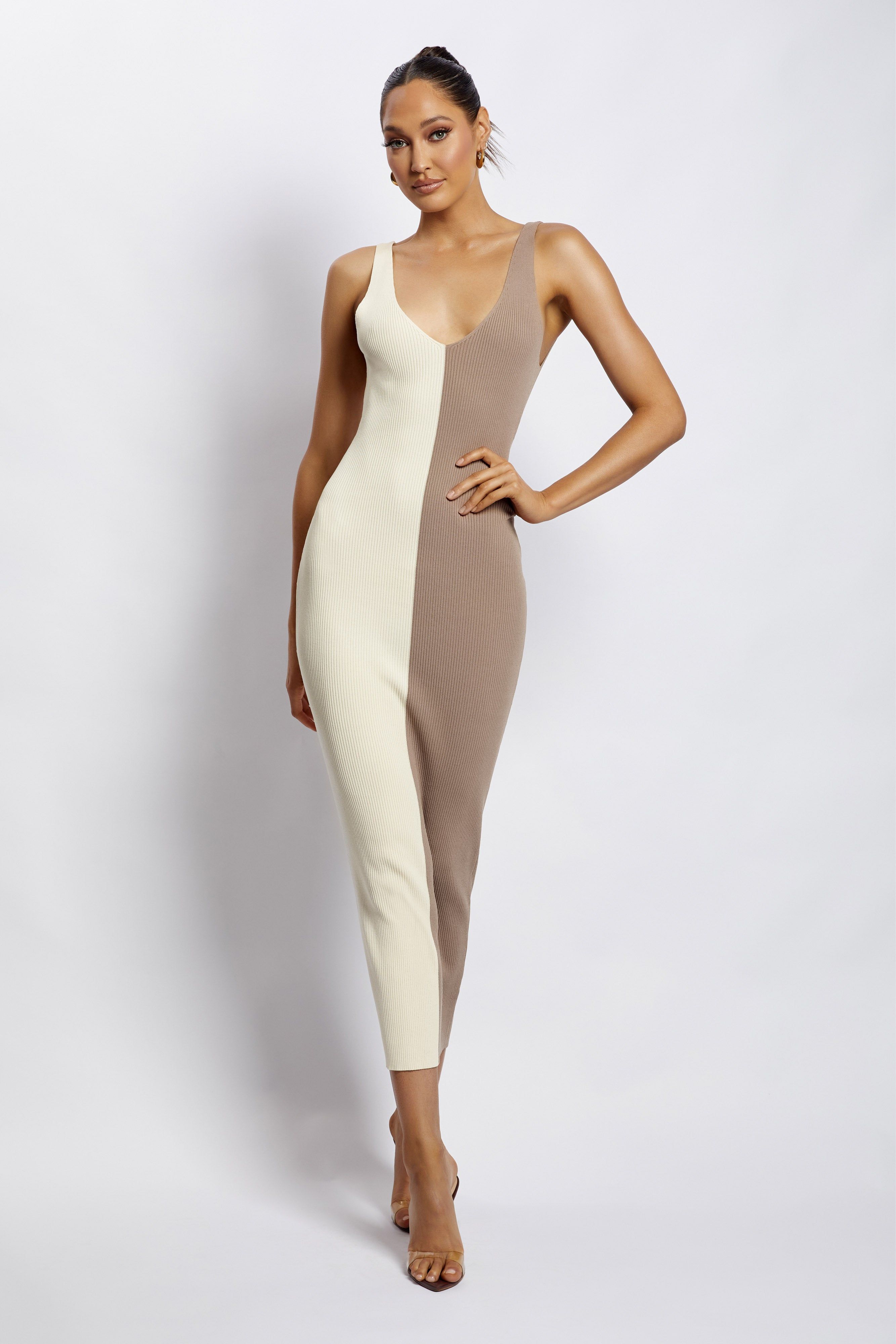 Jodie Two Tone V Neck Midi Dress - Multi Nude sold by Meshki product image thumbnail 7