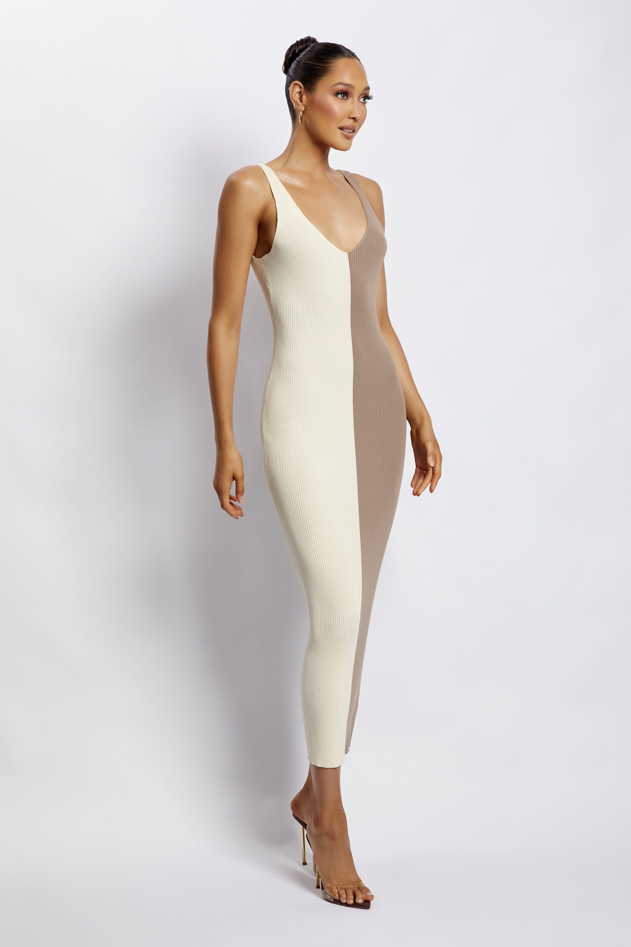Jodie Two Tone V Neck Midi Dress - Multi Nude sold by Meshki product image thumbnail 4