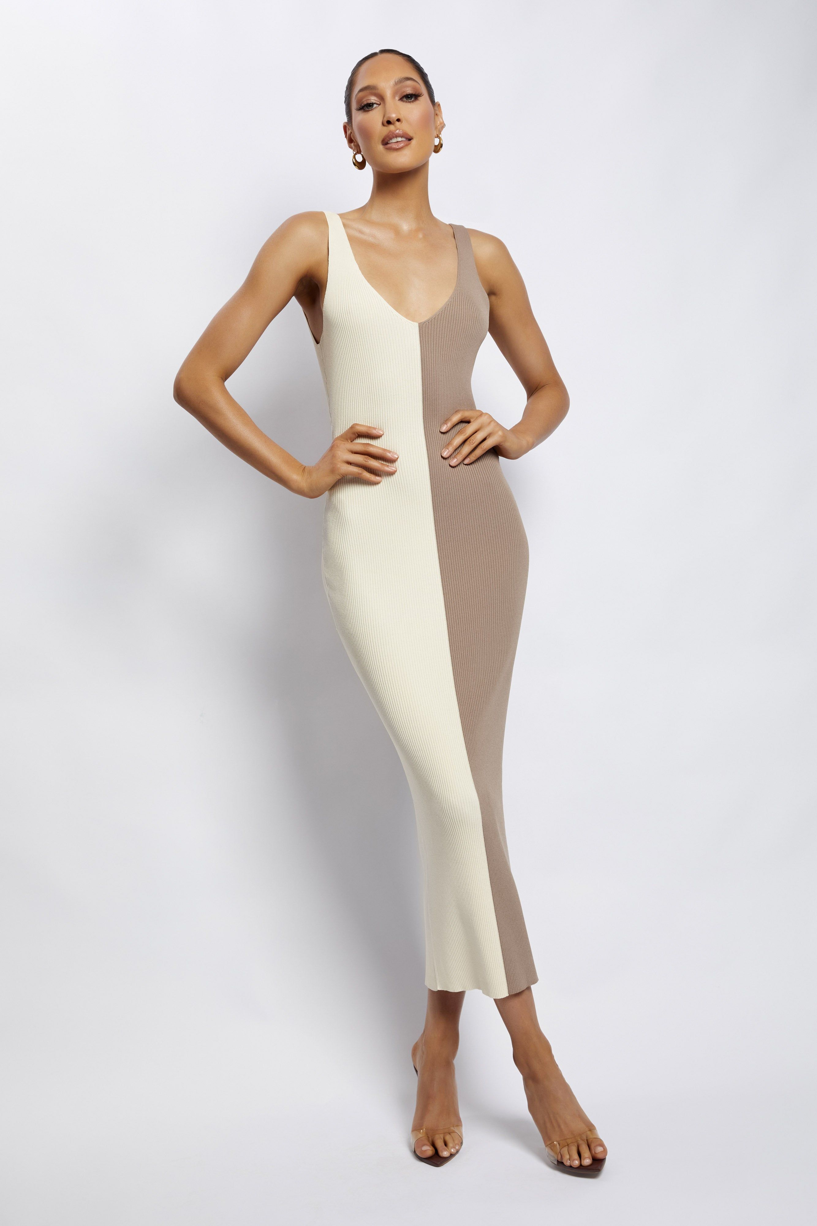 Jodie Two Tone V Neck Midi Dress - Multi Nude sold by Meshki