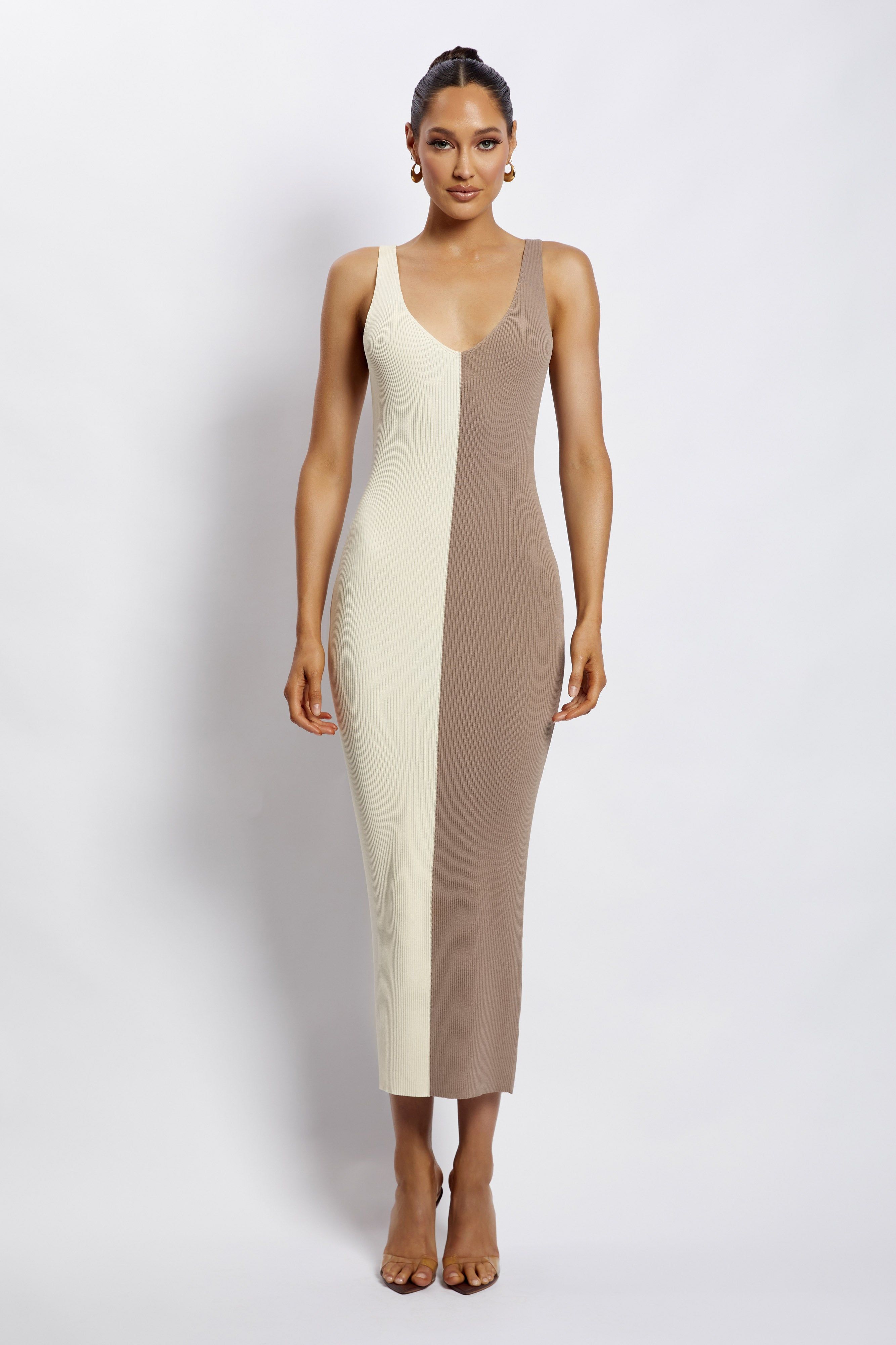 Jodie Two Tone V Neck Midi Dress - Multi Nude sold by Meshki product image thumbnail 5