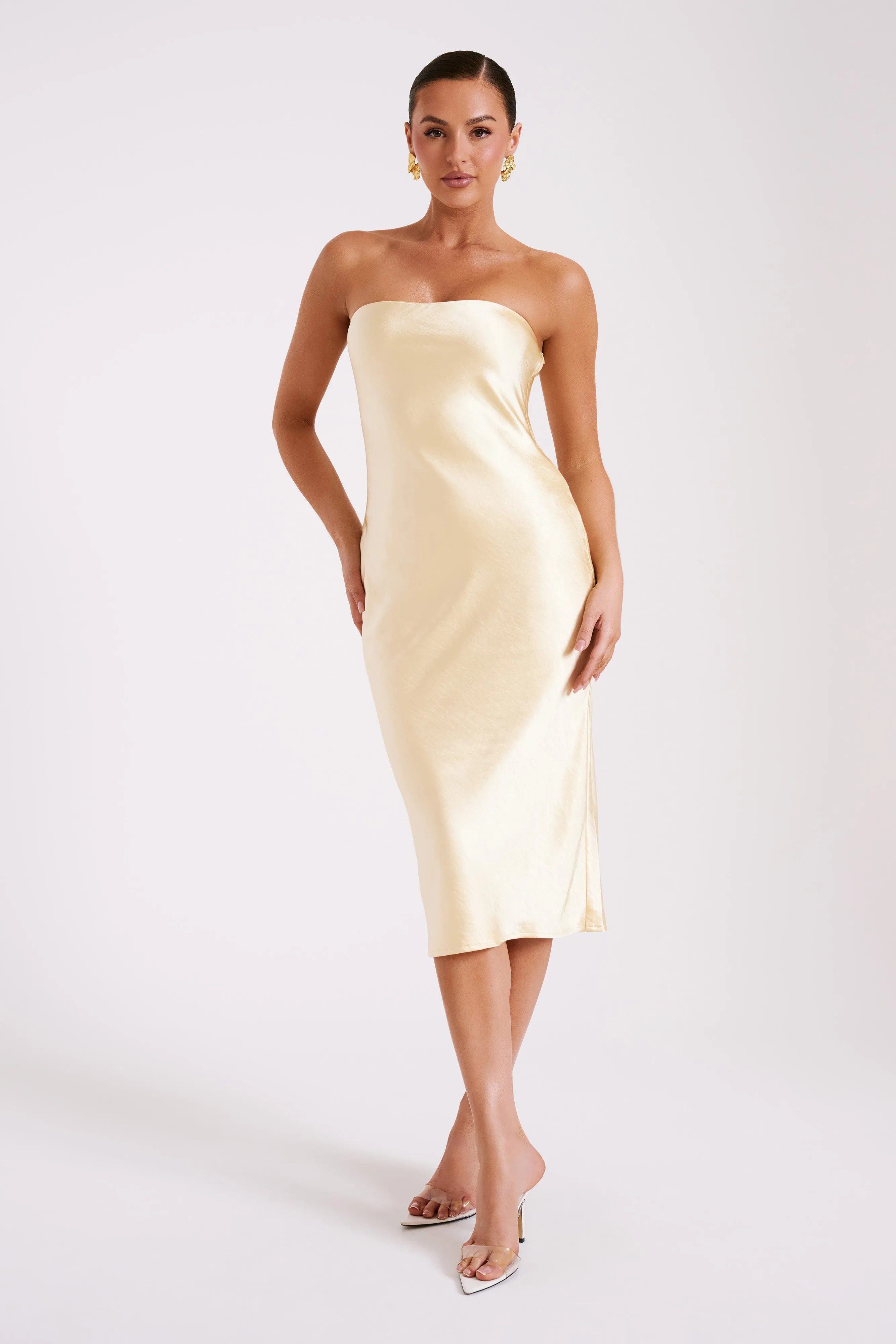 Tyler Strapless Satin Midi Dress - Butter sold by Meshki product image thumbnail 5