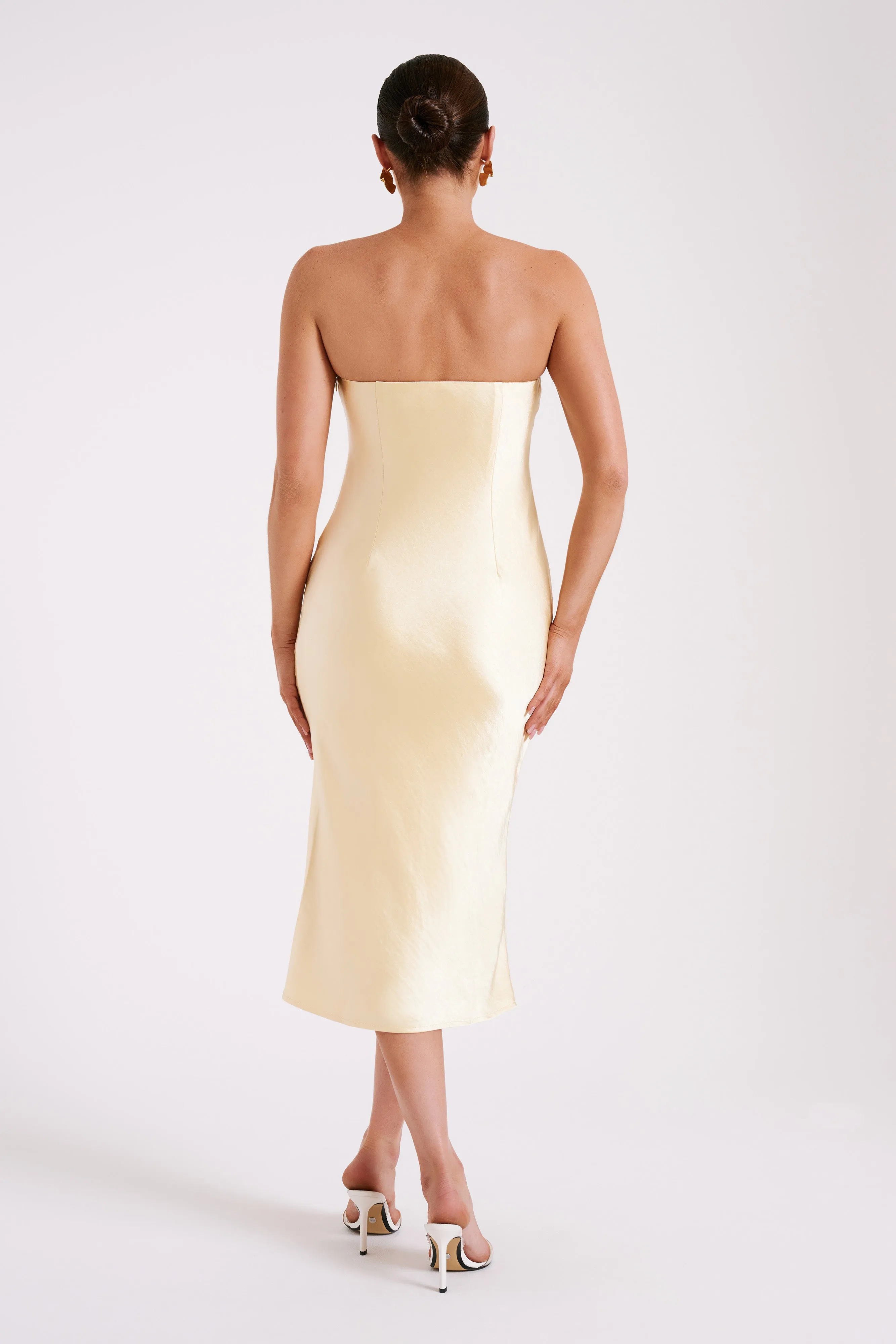 Tyler Strapless Satin Midi Dress - Butter sold by Meshki product image thumbnail 3